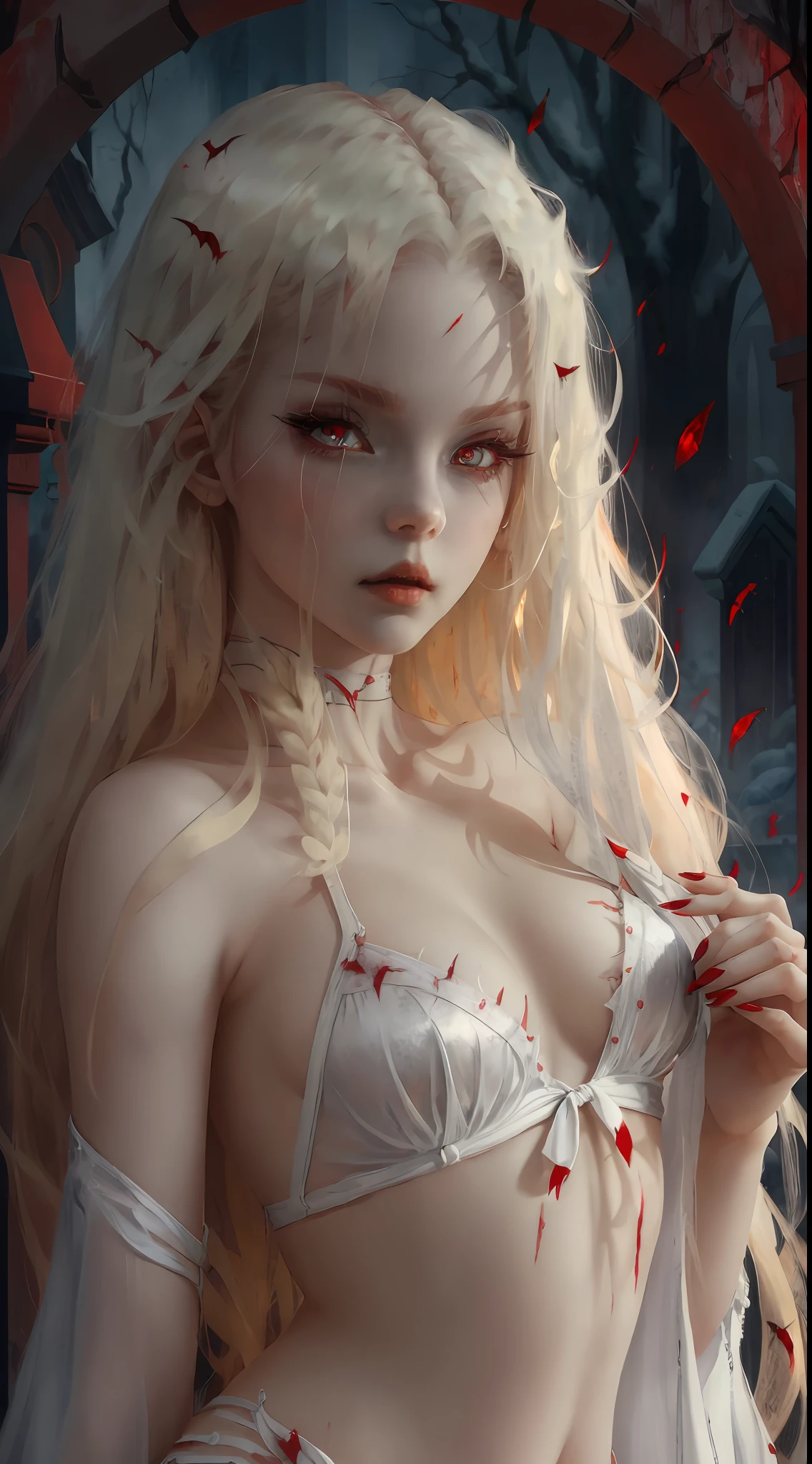 A sexy vampire in short white clothes stained with blood, staring at the viewer, full body, flowing blonde hair, menacing gaze and gleaming vampire fangs, blood staining her pale face, big, sharp nails ready to strike, in a night cemetery with intensely mesmerizing red eyes