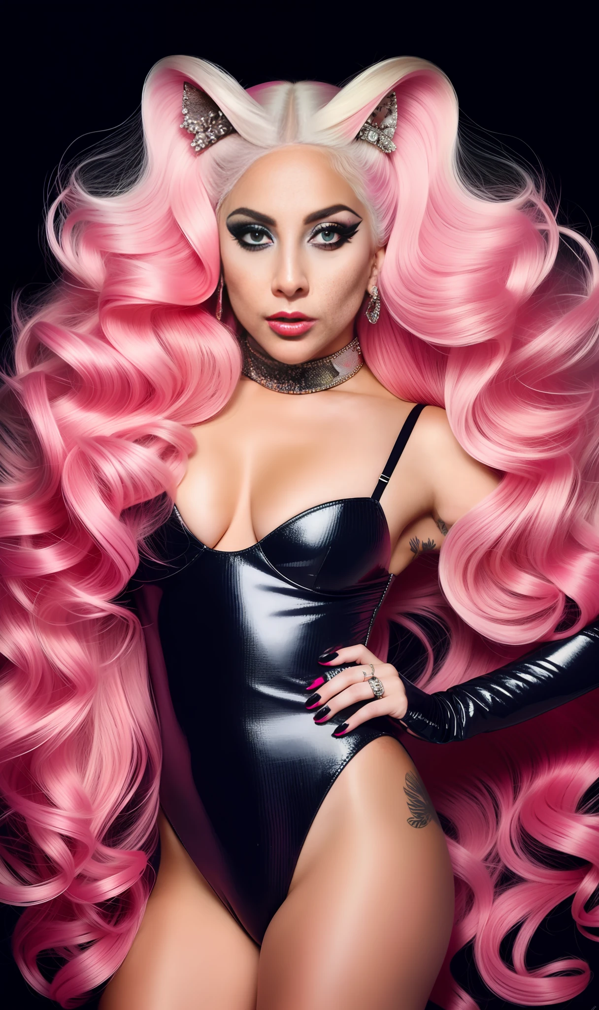 Photo of lady gaga dressed with cat print,4K texture, long hair, high quality, extravagant hairstyle, original album cover, 8k image, futuristic, high image quality, at night, hair accessories, 8k image, realistic face in high quality, full body, different body poses, high quality face, defined features,HD