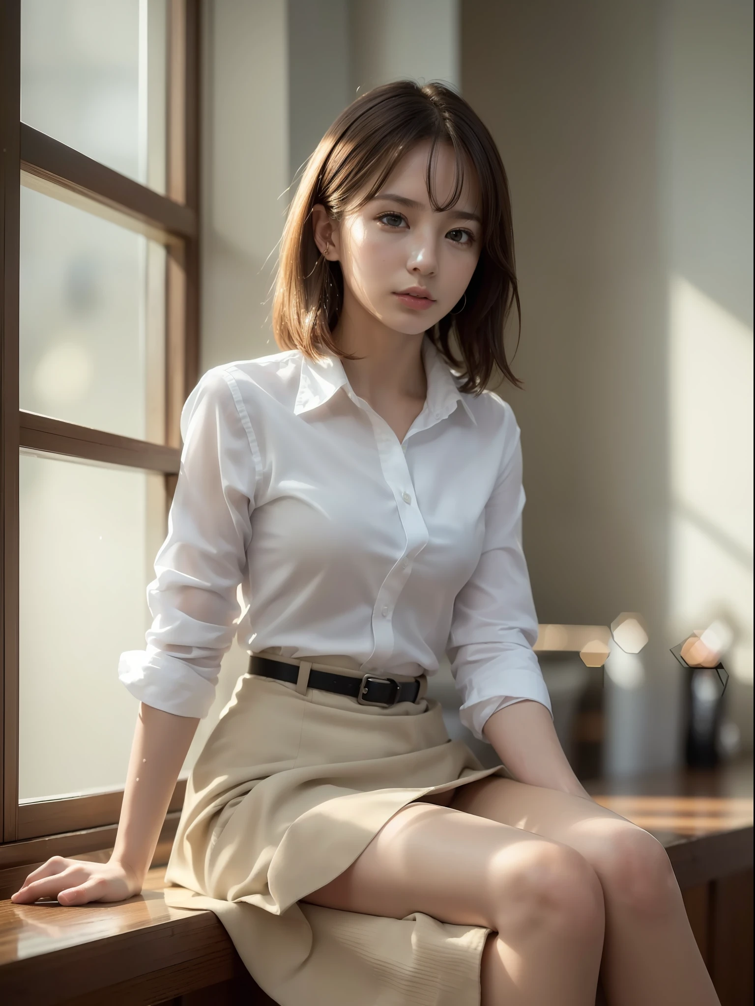 ((Best quality, 8k, Masterpiece: 1.3, raw photo)), Sharp focus: 1.2, (1 AESPA girl: 1.1), (realistic, photo-realistic:1.37), face focus, cute face, kindness, small breasts, flat chest, brunette short messy hair, sitting cafe, wet body, wet white shirt, business suit skirt, sunlight, cinematic lighting
