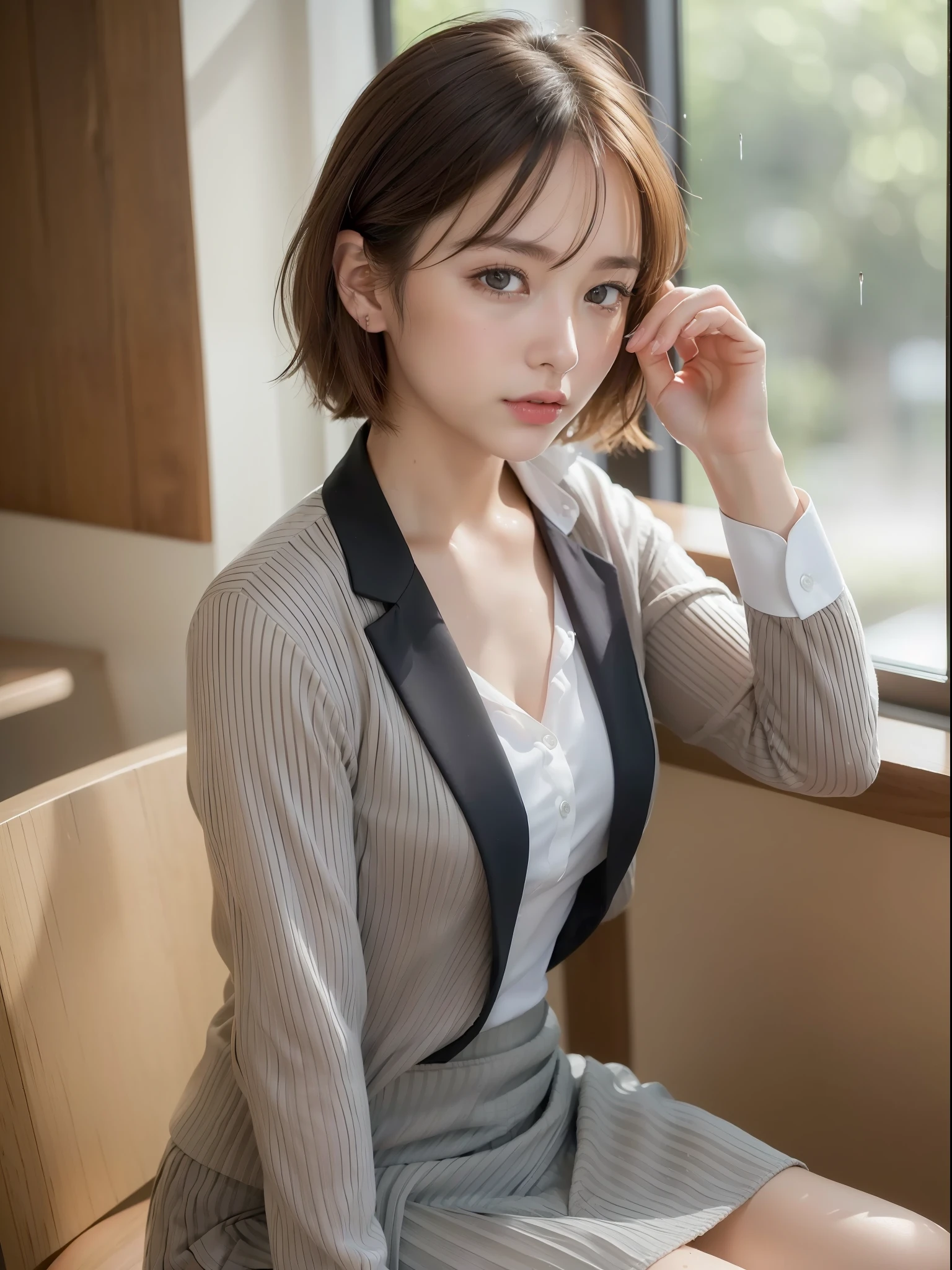 ((Best quality, 8k, Masterpiece: 1.3, raw photo)), Sharp focus: 1.2, (1 AESPA girl: 1.1), (realistic, photo-realistic:1.37), face focus, cute face, kindness, small breasts, flat chest, brunette short messy hair, sitting cafe, wet body, wet white shirt, business suit skirt, sunlight, cinematic lighting