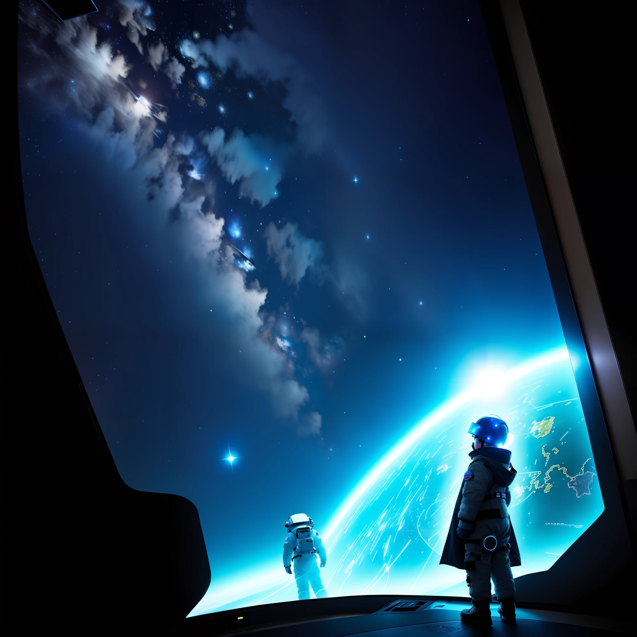 The space station has fluorescent jellyfish and a large viewing window that allows you to see the vast universe. The background is gray light, natural stereo lighting casts soft shadows and highlights on the boy's face and spacesuit, stars twinkle in the distance, and a nearby planet casts a blue glow on the boy's face. The room is equipped with state-of-the-art technology, including a control panel, touchscreen, and holographic display that displays data and images from the surrounding space. In the distance, several other astronauts can be seen floating in the air in their own spacesuits, performing various missions and experiments. In general, the image should convey a feeling of futuristic technology and space exploration, ultra-clear, light and shadow, black cape cloak, black hair, handsome boy, Asian handsome boy, the world's first handsome, high cold, sunlight, stars and sea, cosmic background, fluorescent jellyfish