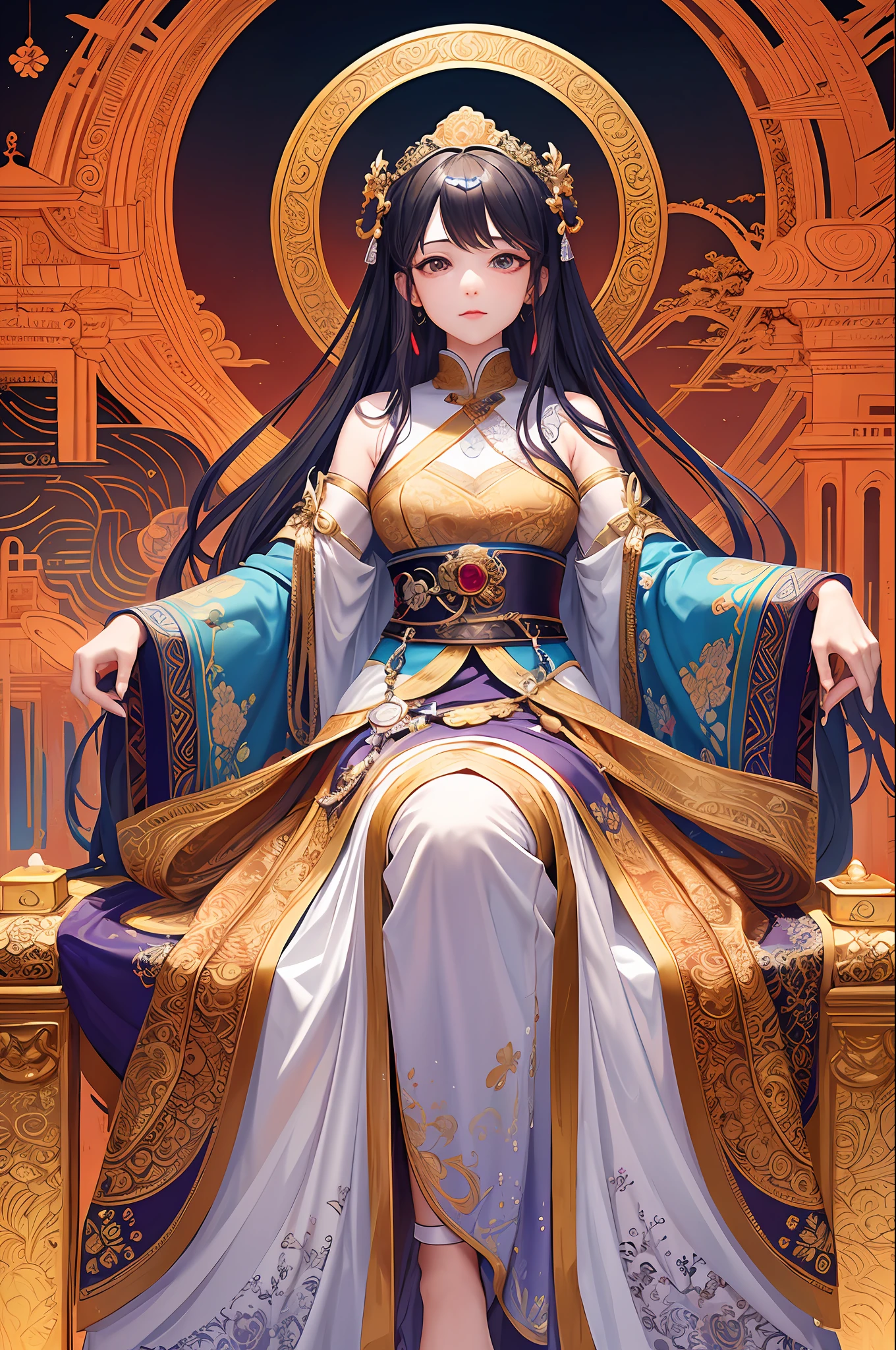 Goddess, chinoiserie, compassion, throne (masterpiece, top quality, best quality, official art, beauty and aesthetics: 1.2), (1girl), extreme detail, (fractal art: 1.3), colorful, most detailed