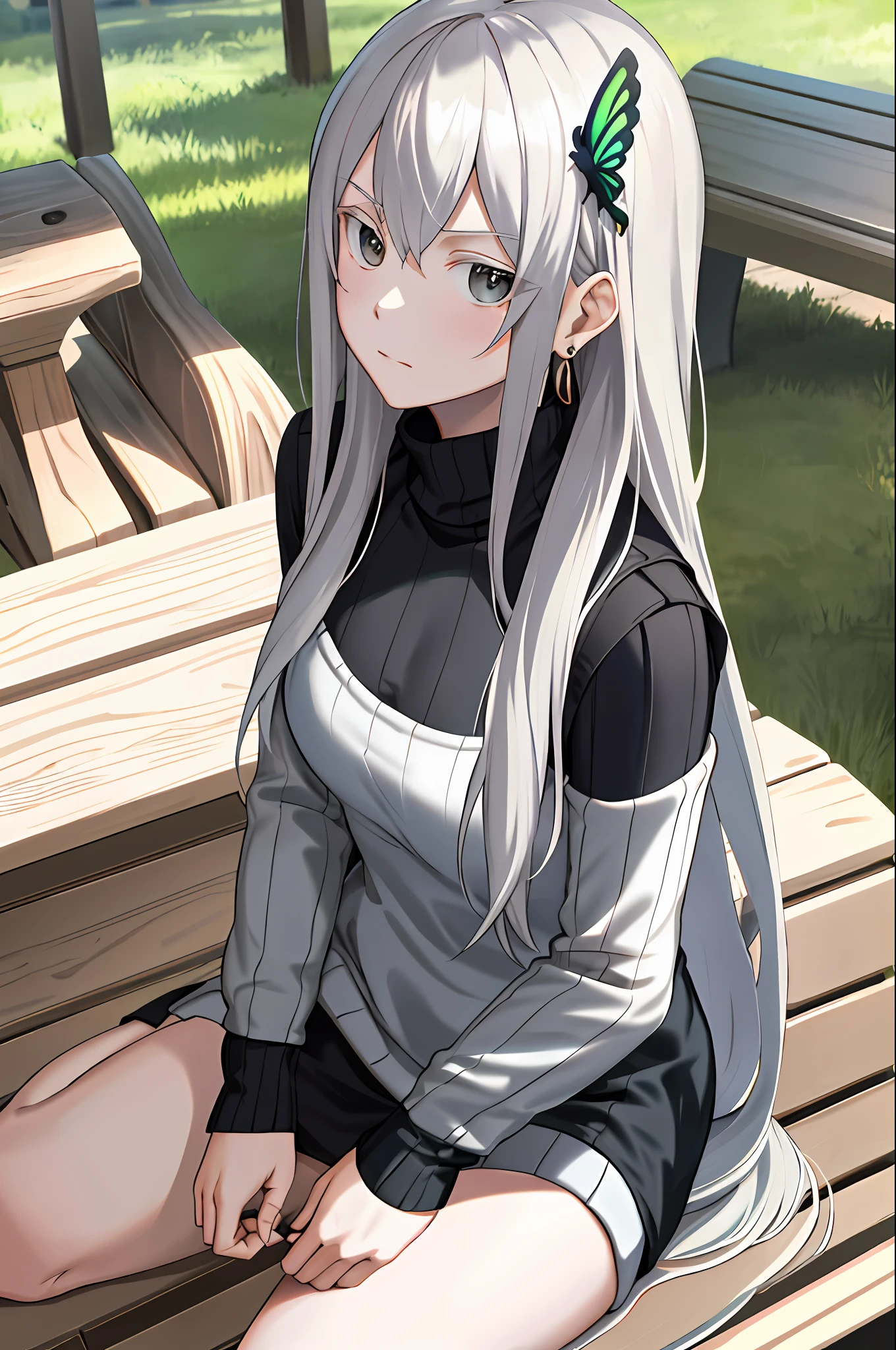 masterpiece, top quality, high resolution, fiona1, spy × family, hair_over_one_eye, solo, earrings, chest, expressionless, sweater dress, turtleneck sweater, sleeveless, outdoors, sitting, bench, long hair, gray hair, butterfly hair ornament