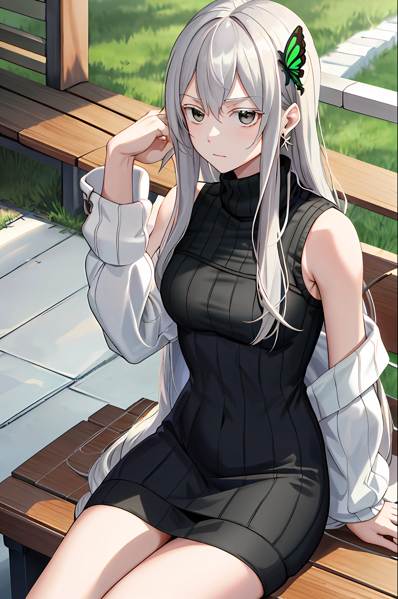 masterpiece, top quality, high resolution, fiona1, spy × family, hair_over_one_eye, solo, earrings, chest, expressionless, sweater dress, turtleneck sweater, sleeveless, outdoors, sitting, bench, long hair, gray hair, butterfly hair ornament