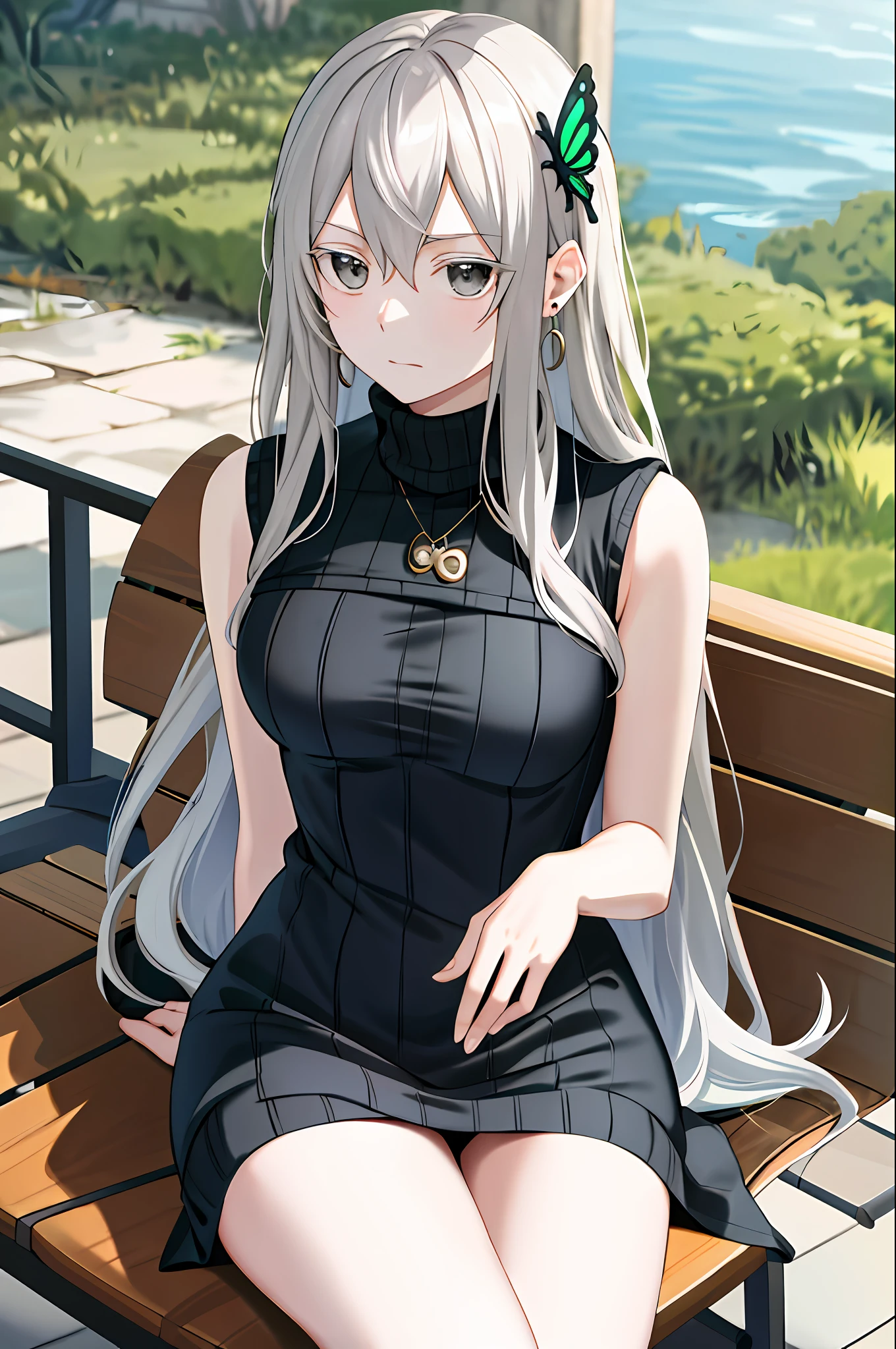 masterpiece, top quality, high resolution, fiona1, spy × family, hair_over_one_eye, solo, earrings, chest, expressionless, sweater dress, turtleneck sweater, sleeveless, outdoors, sitting, bench, long hair, gray hair, butterfly hair ornament