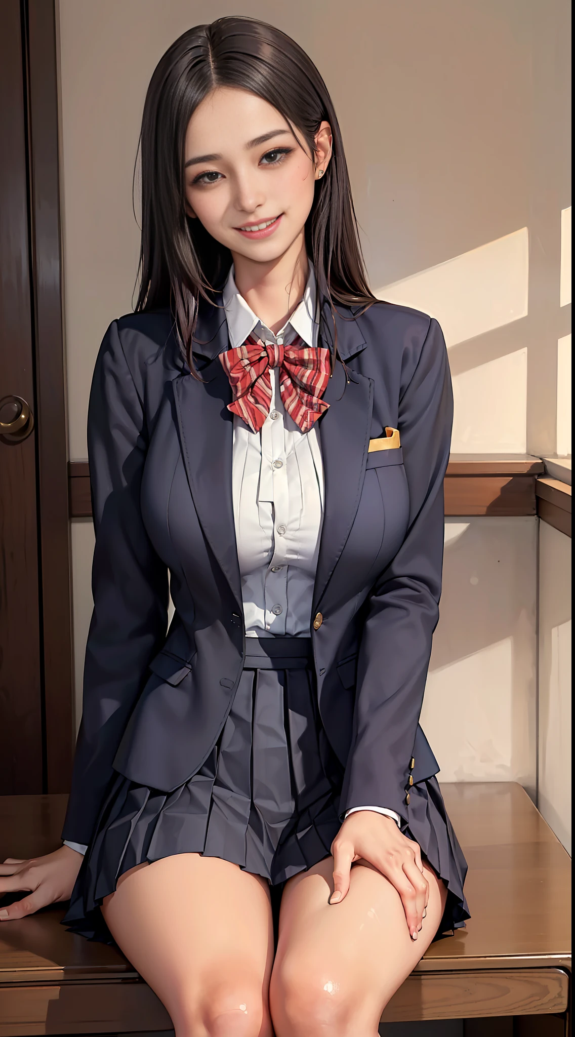 (Solo, midium full shot , big, thighs, 32k, detailed facial depictions, Colossal breasts, Good Style, Beautiful Legs, Slender, ((high school girl uniform, blazer, pleated skirt, loafer pov, big smile, sideways)), park