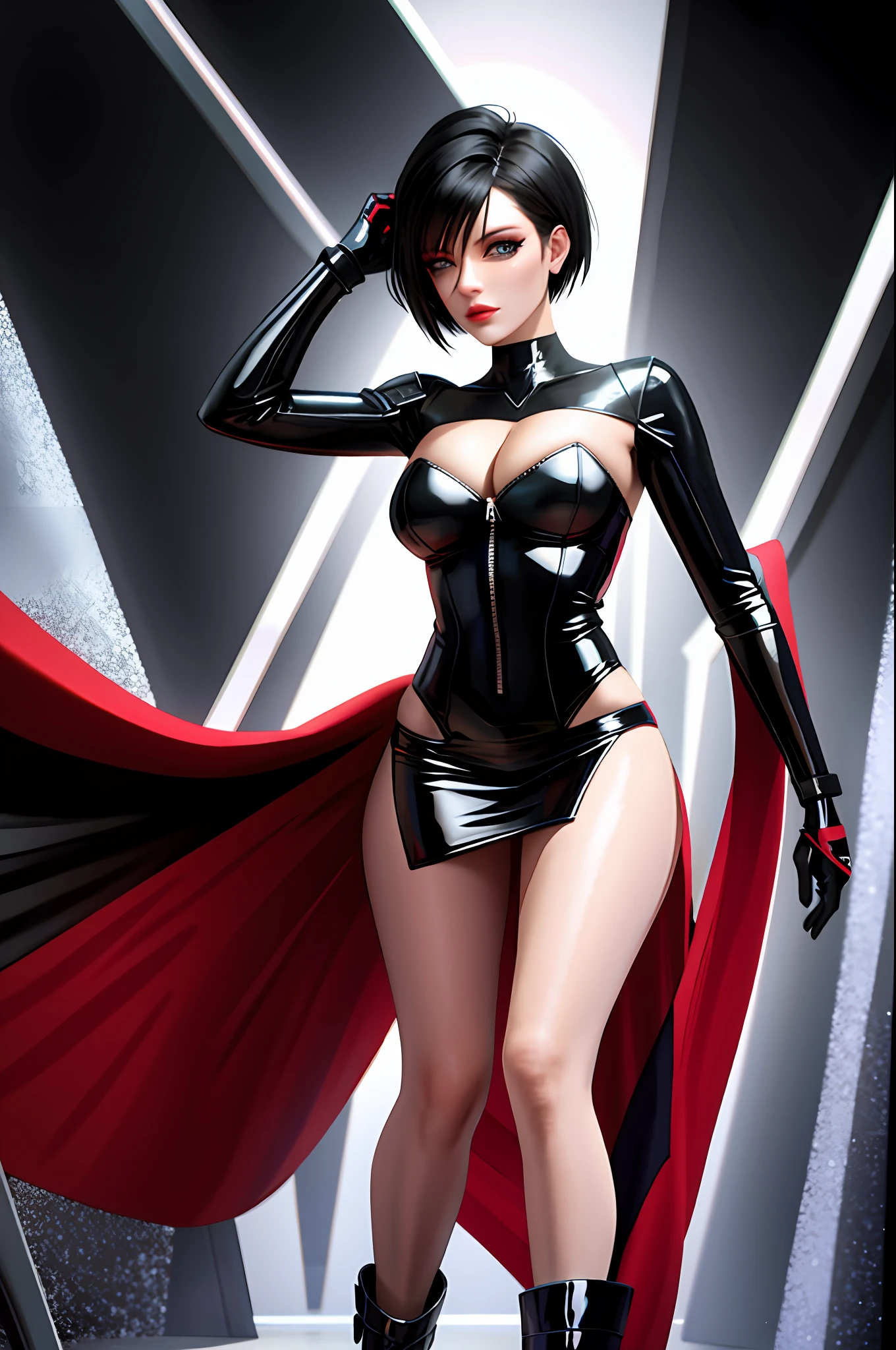 there's a woman in a short dress walking on a runway, digital art by Nelson Alexander Ross, winner of the Artstation contest, neo-dada, neosurrealism. digital art, neosurrealism, neo surrealism, cover art, giant art, dreamy cyberpunk girl, short black hair, promotional art, using superman S symbol, tracer in a tight dress, near a galaxy, skydoll noa