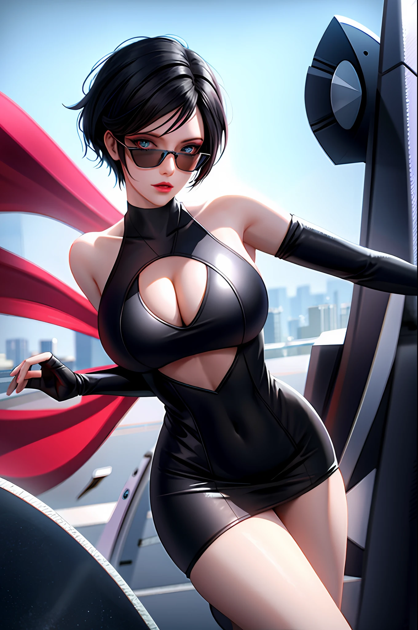 there's a woman in a short dress walking on a runway, digital art by Nelson Alexander Ross, winner of the Artstation contest, neo-dada, neosurrealism. digital art, neosurrealism, neo surrealism, cover art, giant art, dreamy cyberpunk girl, short black hair, promotional art, using superman S symbol, tracer in a tight dress, near a galaxy, skydoll noa