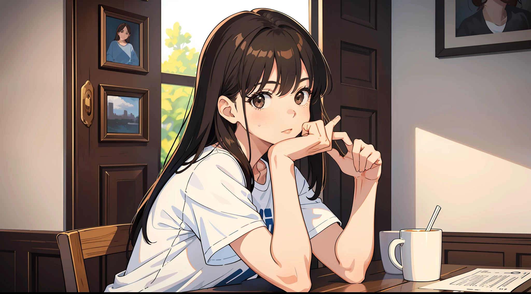 Masterpiece, best quality, (1girl:1.3), super shorts, white T-shirt, mature woman, long brown hair, delicate facial features, black eyes, white skin, sitting at the table