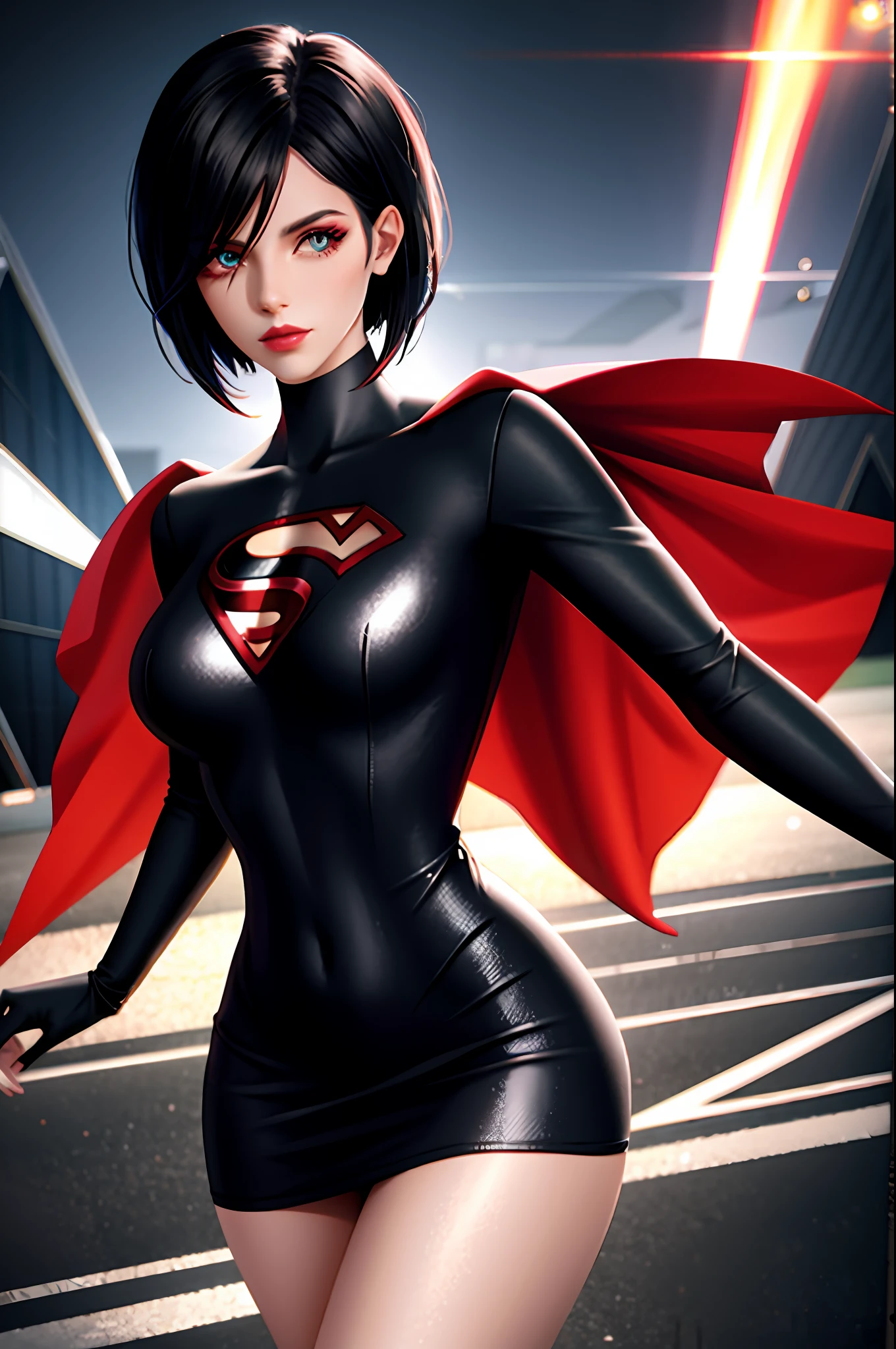 there's a woman in a short dress walking on a runway, digital art by Nelson Alexander Ross, winner of the Artstation contest, neo-dada, neosurrealism. digital art, neosurrealism, neo surrealism, cover art, giant art, dreamy cyberpunk girl, short black hair, promotional art, using superman S symbol, tracer in a tight dress, near a galaxy, skydoll noa