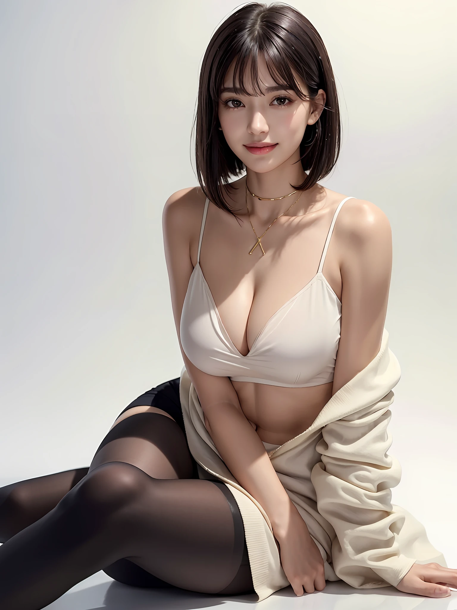 (Close-up: 1.4),
(RAW Photos: 1.2), (Photorealistic: 1.4), (Masterpiece: 1.3), (Best Quality: 1.4), Dreamy, (Detailed Eyes), (Detailed Facial Features), (Detailed Clothing Features), Skin Tightening, (Shiny Skin), (Slender Girl), (Slim Girl), 1 Girl, (Full Body)), Solo, Cute, Smry, (Middle Breast), Bangs, Straight Hair, Long hair, black hair, black eyes, crystal pendant, long blue scarf, white long wool coat, black thick pantyhose, brown snow boots, (best quality, 8k, 32k, masterpiece, UHD: 1.2), cute Japan woman photo, 1 girl, (big), (tall woman), (abs), (lips), closed mouth, (medium short), double eyelids, Wet skin, only one very beautiful woman, very sexy body, gaze looking directly at the camera, golden ratio face, golden ratio body, perfect body, perfect face, perfect breasts, big breasts looking directly at the camera, non-permanent sexy expression, holding breasts between arms to make cleavage, breasts closer, coquettish smile, very happy smile, skin gloss, big eyes, highlights in the pupils, Lip gloss, clear double eyelids, eyelashes, long neck, beautiful short hair, glossy dark black hair, bangs, thick bangs, shiny skin, moles on the chest, teary moles, clean bangs, clean collarbones, clean ass bones, pure white background, empty background, crystal clear white business shirt, clothes that seem to be visible but invisible, overwhelming charm, attractive natural light, 19 years old, choker