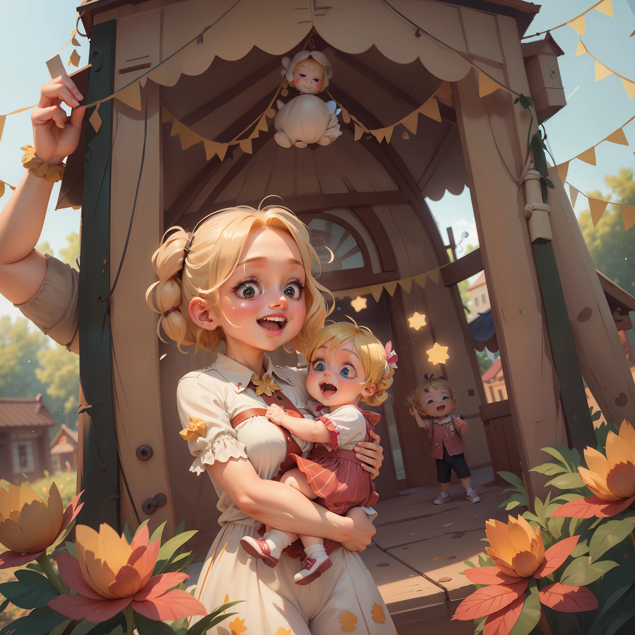 A blonde woman, 30 years old, happy, in an amusement park, with her four-year-old daughter, clear focus (clutter - house: 0.8), (masterpiece: 1.2) (Realistic: 1.2) (Bokeh) (Best quality) (Detailed skin: 1.3) (Intricate details) (8K) (Detail eyes) (Sharp focus), (Happy)