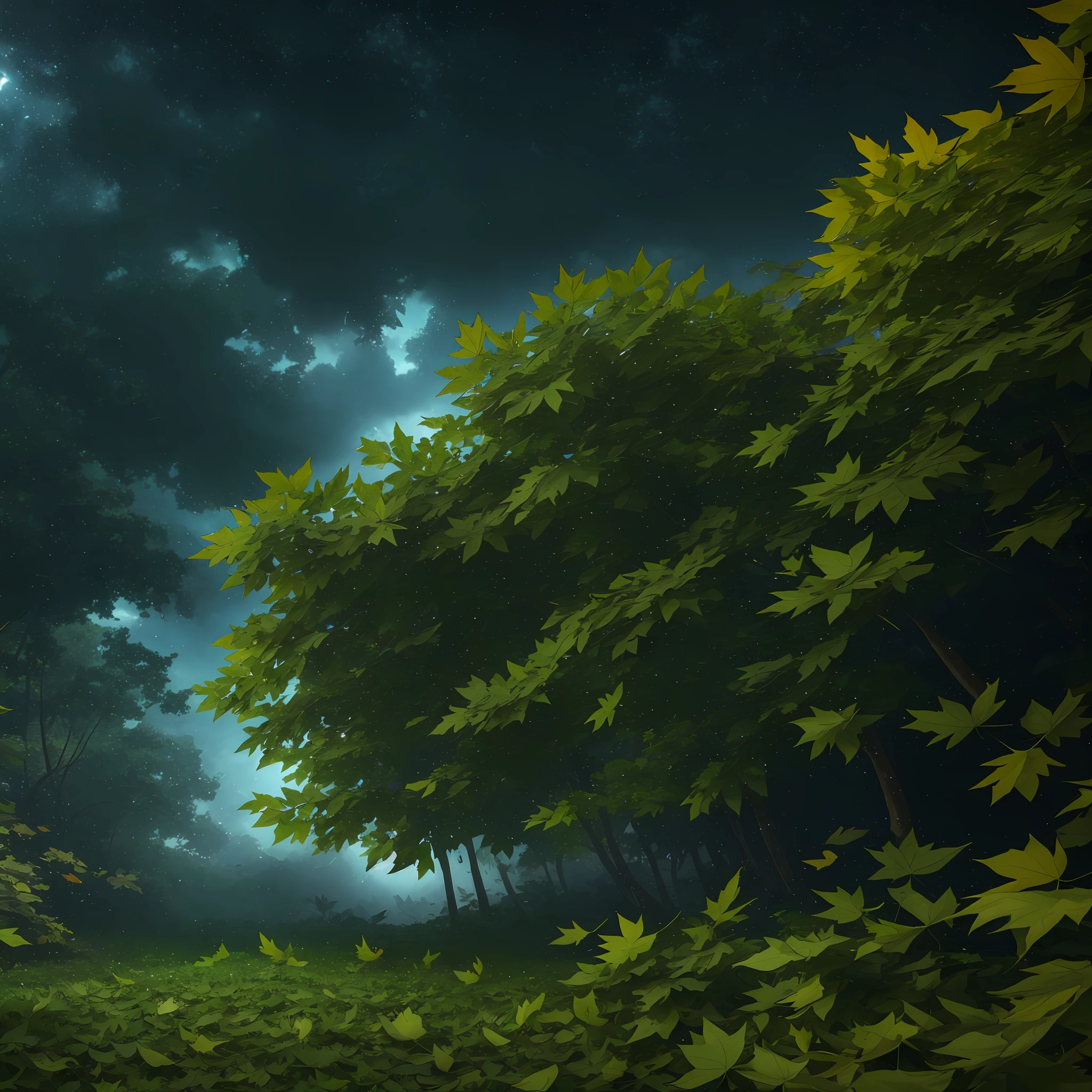 Computer Visualized Graphics, Realistic Fantasy, Extensive Landscape Ultrasound Photography (general view showing the sky, dynamic movement of falling leaves from the sky, dynamic movement of falling leaves, dynamic movement of the leaf cycle, dynamic movement of a leafy vortex in the sky, a cycle of many leaves, thick leaves, the sky, falling leaves, wind from leaves, falling leaves, a huge leafy screech, circling leaves, leaves circling in the sky), blurred background, rocks in the distance, shore, gloomy, green, warm, magic