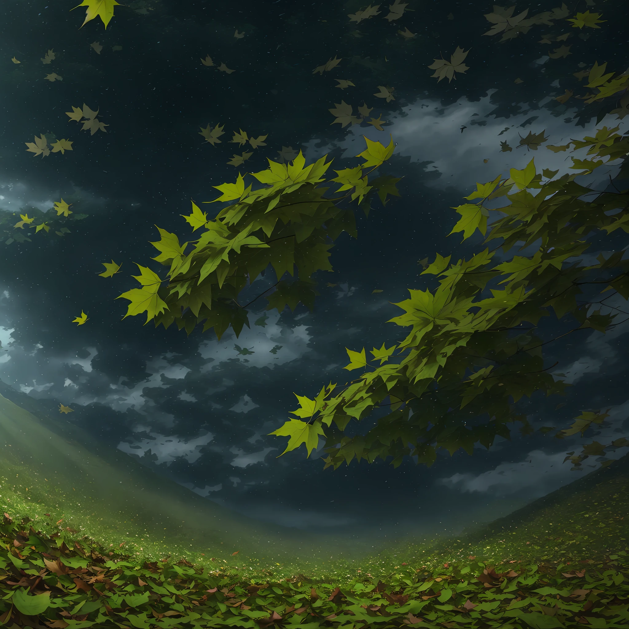 Computer Visualized Graphics, Realistic Fantasy, Extensive Landscape Ultrasound Photography (general view showing the sky, dynamic movement of falling leaves from the sky, dynamic movement of falling leaves, dynamic movement of the leaf cycle, dynamic movement of a leafy vortex in the sky, a cycle of many leaves, thick leaves, the sky, falling leaves, wind from leaves, falling leaves, a huge leafy screech, circling leaves, leaves circling in the sky),  blurred background, rocks in the distance, shore, gloomy, green, warm, magic