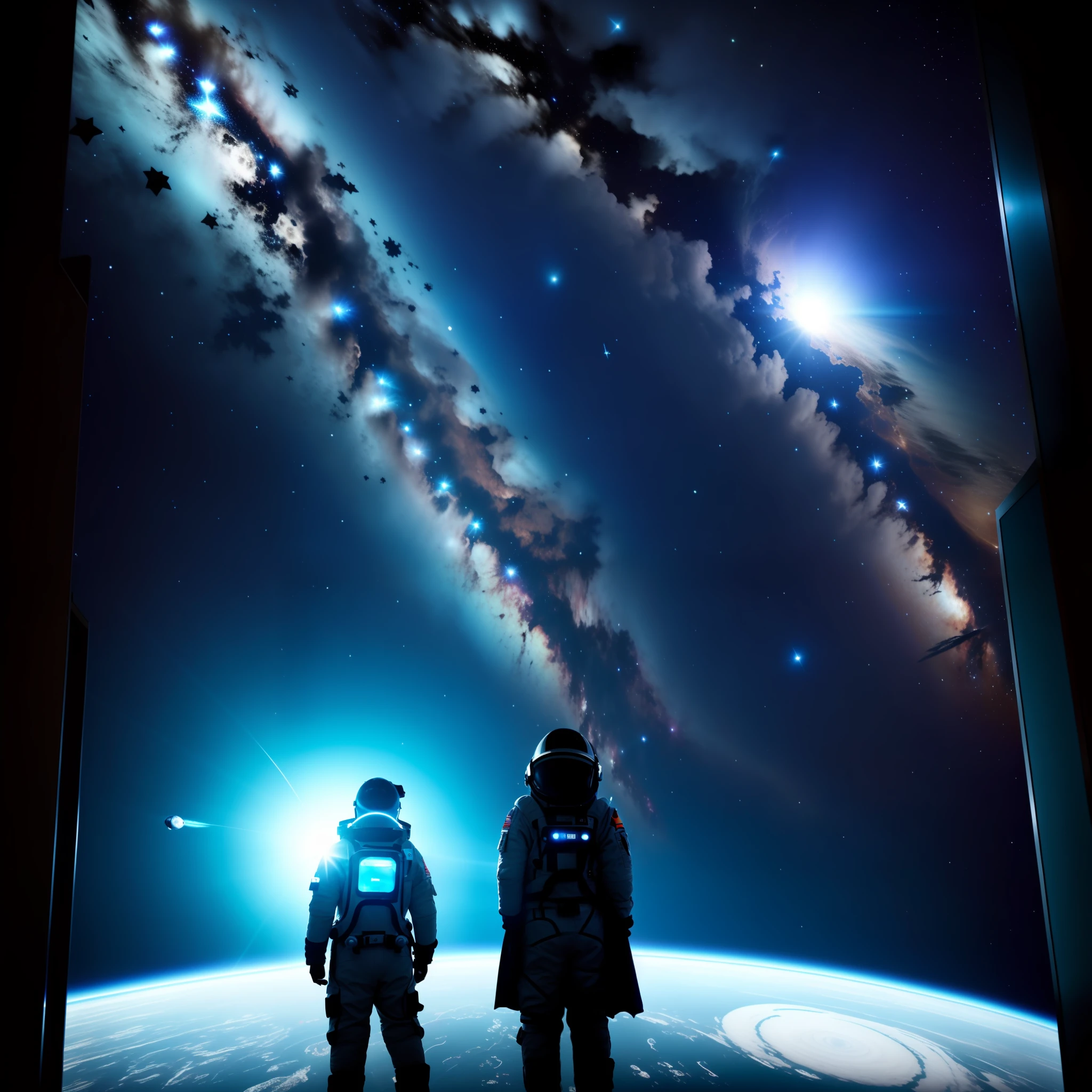 The space station has fluorescent jellyfish and a large viewing window that allows you to see the vast universe. The background is gray light, natural stereo lighting casts soft shadows and highlights on the boy's face and spacesuit, stars twinkle in the distance, and a nearby planet casts a blue glow on the boy's face. The room is equipped with state-of-the-art technology, including a control panel, touchscreen, and holographic display that displays data and images from the surrounding space. In the distance, several other astronauts can be seen floating in the air in their own spacesuits, performing various missions and experiments. In general, the image should convey a feeling of futuristic technology and space exploration, ultra-clear, light and shadow, black cape cloak, black hair, handsome boy, Asian handsome boy, the world's first handsome, high cold, sunlight, stars and sea, cosmic background, fluorescent jellyfish