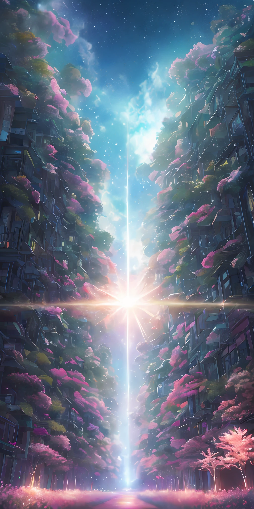 Digital illustration of a starry sky changing from sunset to night, creating the effect of sunlight passing through the canopy. The universe can be seen through the sky. Flowers are blooming on the ground, and small lights are dancing. In the style of Yoshitaka Amano and Hayao Miyazaki, masterpiece, proportional, detailed, trending in art station, beautiful lighting, realistic, complex, award-winning, 4k, top quality
Award-winning 4K digital painting in the style of Yoshitaka Amano. A detailed and intricate depiction of the zombie apocalypse, which brilliantly captures the chaos and drama of the scene. Beautiful lighting and cinematic compositions make this work a true masterpiece and trending at art stations.