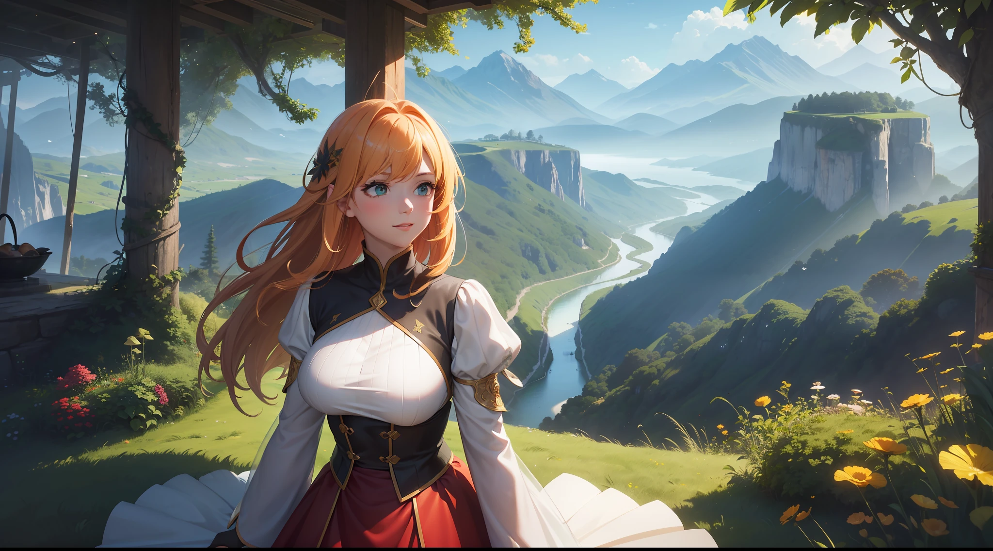 Extremely detailed, wind, anime intonation, vibrant colors, vivid, lighting going to extreme light and extreme shadow, focused on the color green, a woman smiling on her back looking at a landscape from the tip of a cliff with grasses and leaves with autumn colors, red dress, long blonde hair, wind, skin is tanned, the woman has to be highlighted with light in her hair and dress,  leaving both transparent, landscape to which she is looking over the precipice is an extremely green environment, full of trees, villages, mountains (no bigger than where the woman is), with a lot of wind and fluttering leaves everywhere, at the end of this landscape a giant tree, much larger than the mountains, the seas are reflective and the flora has strong shadows,  volumetric lighting, unreal render, octane render, perfect face, perfect dress, perfect hands, perfect face, perfect eyes, ray tracing reflections, ray traced, rtx, hdr, sharpen, cinematic, fantasy atmosphere, leaves flying everywhere to give the feeling of strong wind, extremely strong lighting and shadow, variations between black and light green, mushrooms, flowers, butterflies, bright lights, sun light on every woman,  Sun in the background reflecting throughout the landscape, only nature, no construction shadows and lights 2 times stronger, extremely blue sky with white clouds, transparent red dress, strong colors