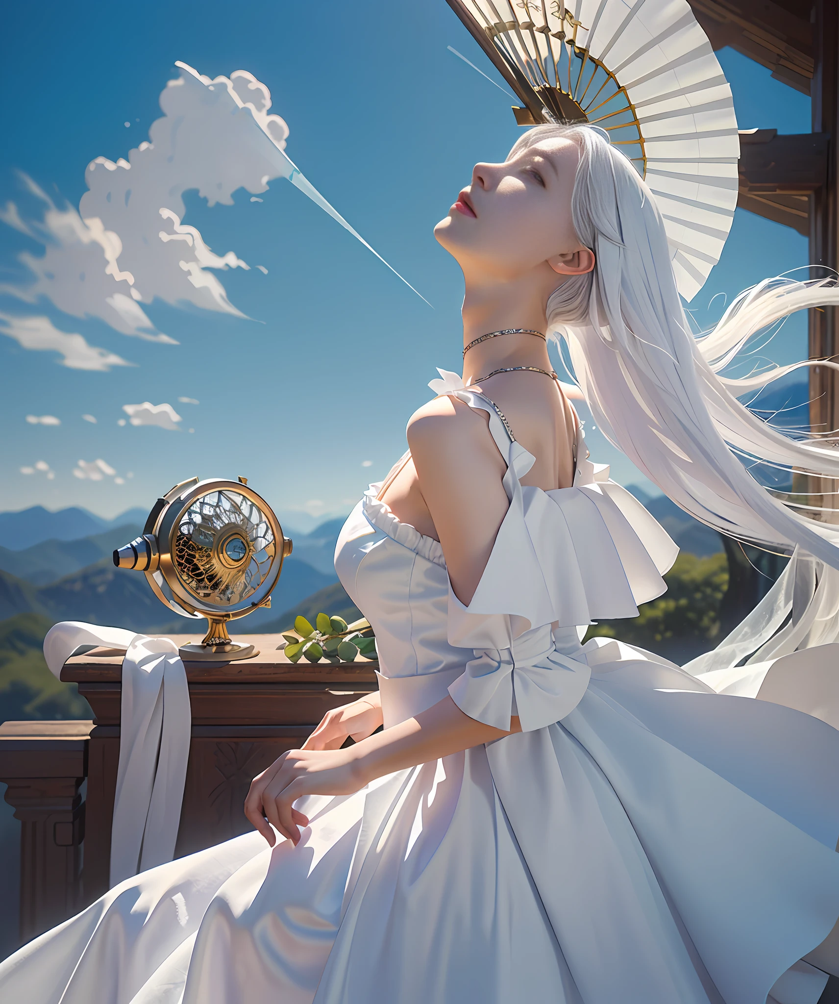 A painting of a woman holding a colored divine stone and divine fire, looking up at the sky, the sky is just below her tail Snake woman mixed, mythical colors, Molbach, Peter Molbach style, Peter Molbach c 2 0, Art style in Molbach, Peter Molbach style, Snake woman in white gauze dress, In Peter Molbach style, The Serpent Queen has no legs, Peter Molbach and artistic reproduction, looking up at the sky, depth of field fairy under fan, white hair, white gauze skirt, fairy under fan