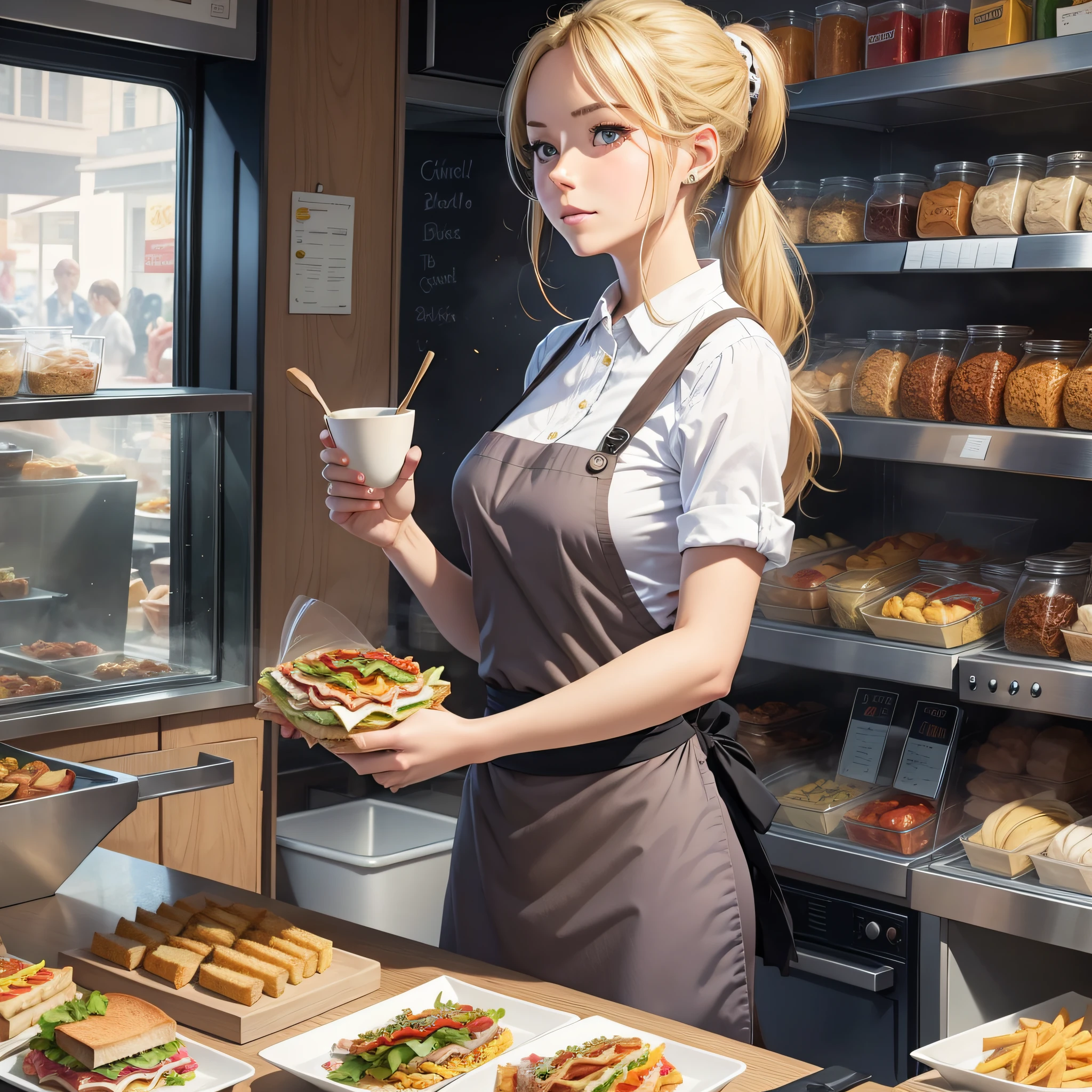sandwich clerk, blonde, ponytail, woman, front, apron
