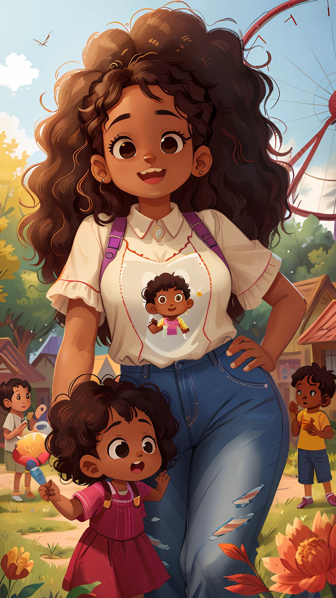 A black woman, 30 years old, happy, in an amusement park, curly hair, beautiful hip, with her four-year-old daughter, clear focus (disorder - house: 0.8), (masterpiece: 1.2) (Realistic: 1.2) (Bokeh) (Best quality) (Detailed skin: 1.3) (Intricate Details) (8K) (Detail Eyes) (Sharp Focus), (Happy)