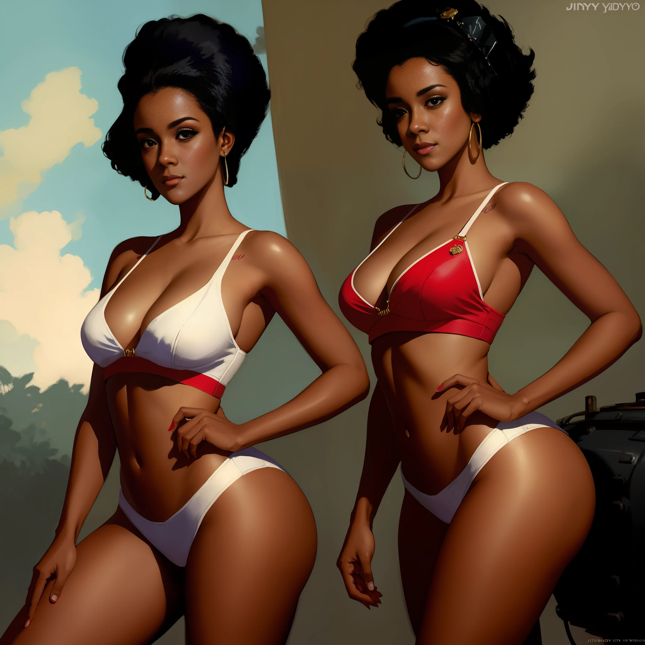 a body shot of a ebony woman as Pin Up Syle, 60's lifestyle, illustration by Ed Blinkey, Atey Ghailan, Studio Ghibli, by Jeremy Mann, Greg Manchess, Antonio Moro, trending on ArtStation, trending on CGSociety, Intricate, High Detail, Sharp focus, dramatic, illustration by midjourney and greg rutkowski