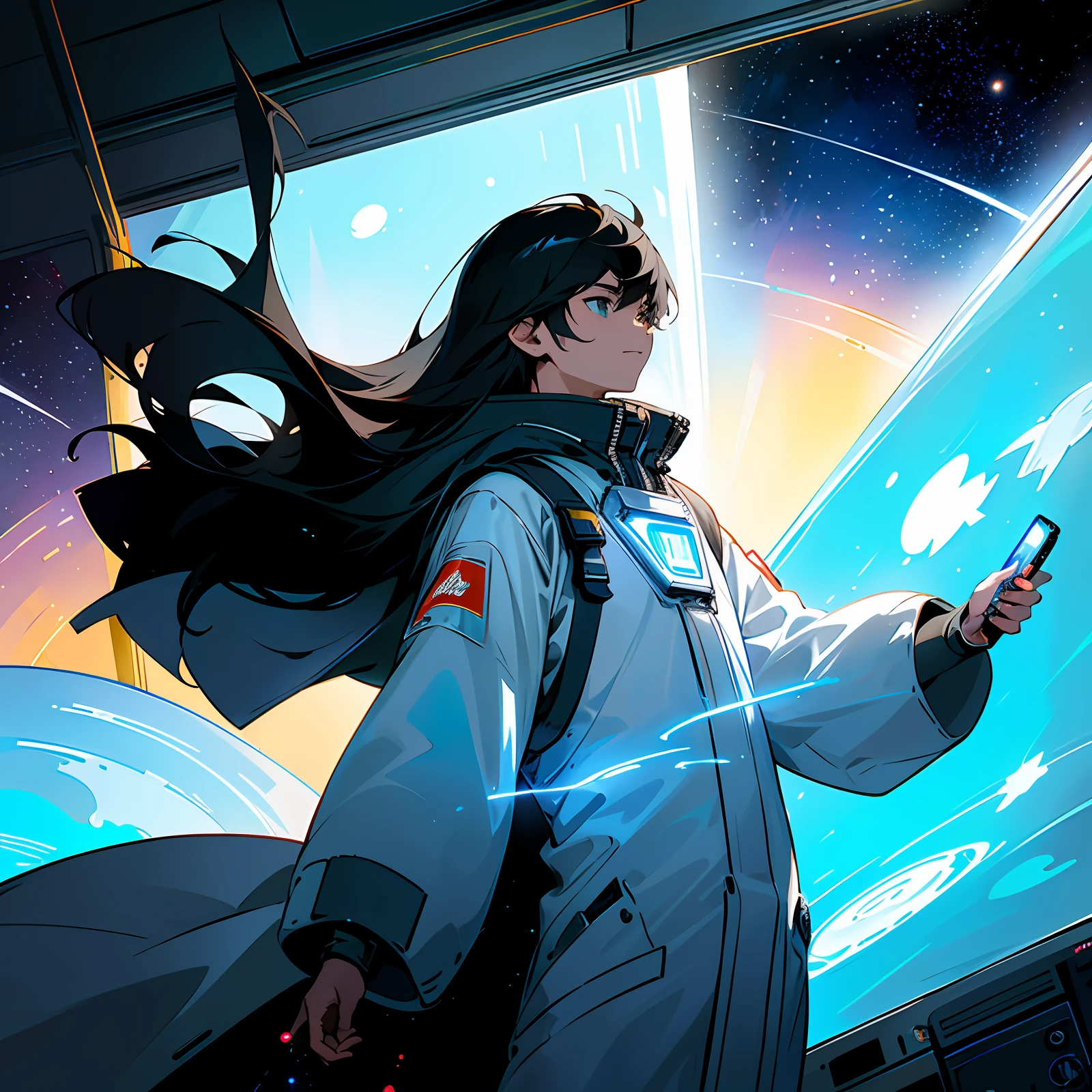 The teenager floats inside a spacious high-tech space station with fluorescent jellyfish and a large viewing window that can see the vast universe. The background is gray and the natural stereo lighting casts soft shadows and highlights on the boy's face and spacesuit. Coca-Cola cans are covered with condensed droplets, and their red and white logos stand out against a dark background. Outside the window, stars twinkled in the distance, and a nearby planet cast a blue glow on the boy's face. The room is equipped with state-of-the-art technology, including a control panel, touchscreen, and holographic display that displays data and images from the surrounding space. In the distance, several other astronauts can be seen floating in the air in their own spacesuits, performing various missions and experiments. In general, the image should convey a sense of futuristic technology and space exploration, Coca-Cola can serve as a reminder of a familiar and comfortable home, ultra-clear, light and shadow, black cape cape, black hair, handsome boy, Asian handsome boy, the world's first handsome, high cold, sunlight, sea of stars, cosmic background, fluorescent jellyfish