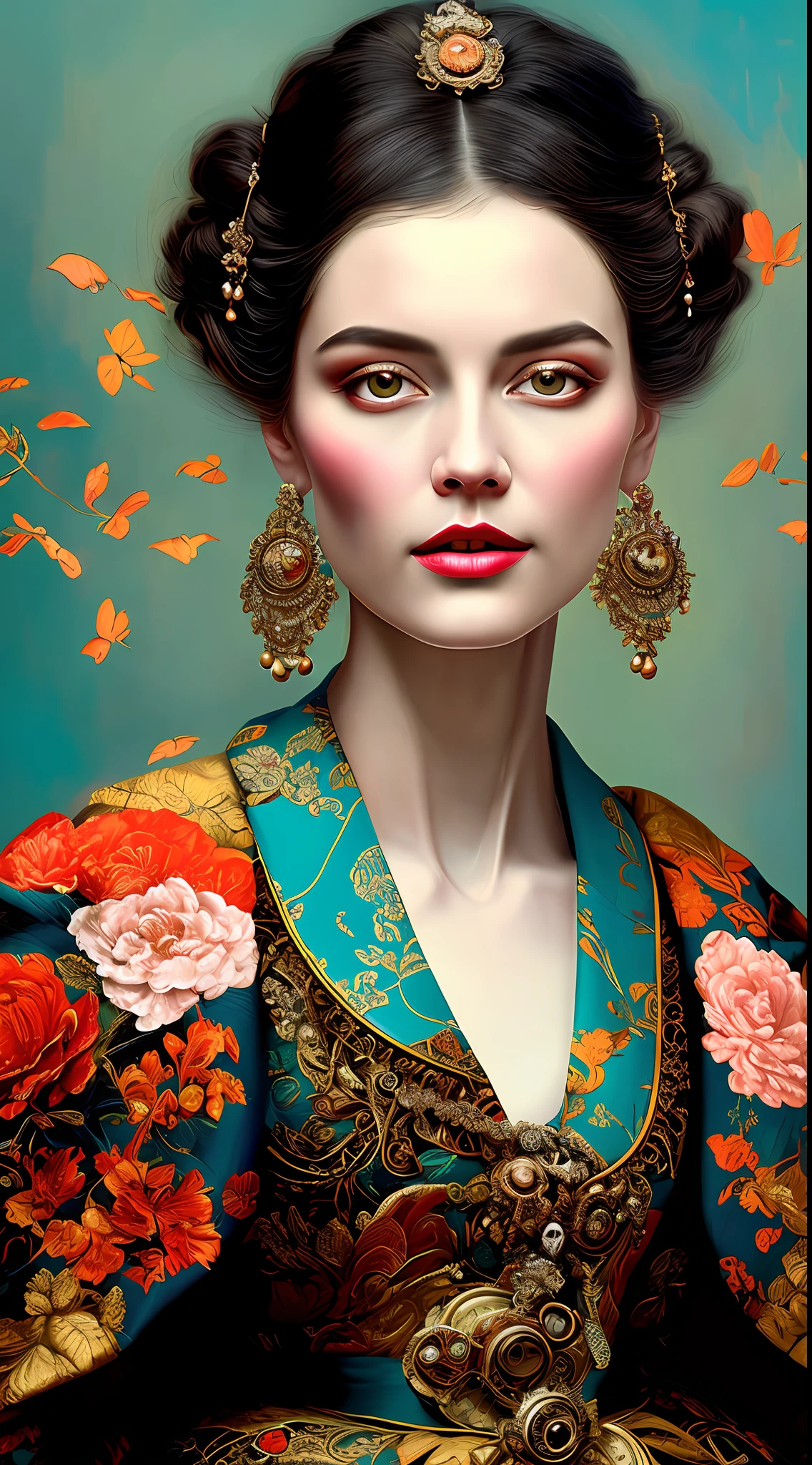 Steampunk, rococopunk, insanely detailed colorful portrait beautiful modern, sexy, young gorgeous, tan, 25 year old caucasian geisha in a kimono. Brown hair worn down. Teal and orange. Coby Whitmore, Margaret Keane, Ray Caesar, Lichtenstein, Fragonard. Cinematography Robert Richardson, Hugo style. Oil painting heavy strokes, best quality. Vogue fashion illustration, complex background details, Paris, beautiful details, ornate. Perfect face, detailed eyes, detailed pupils, joyful expression. Dramatic lighting, deep shadows, chiaroscuro. official art, 8k unit wallpaper, ultra detailed, beautiful and aesthetic, masterpiece, best quality, (fractal art: 1.3), extremely detailed, dynamic angle, a brutalist design, vivid colors, by james jean, roby dwi antono, Ross Tran, Francis Bacon, Michal Mraz, Adrian Ghenie, Petra Cortright, Gerhard Richter, Takato Yamamoto, Ashley Wood, Atmospheric.