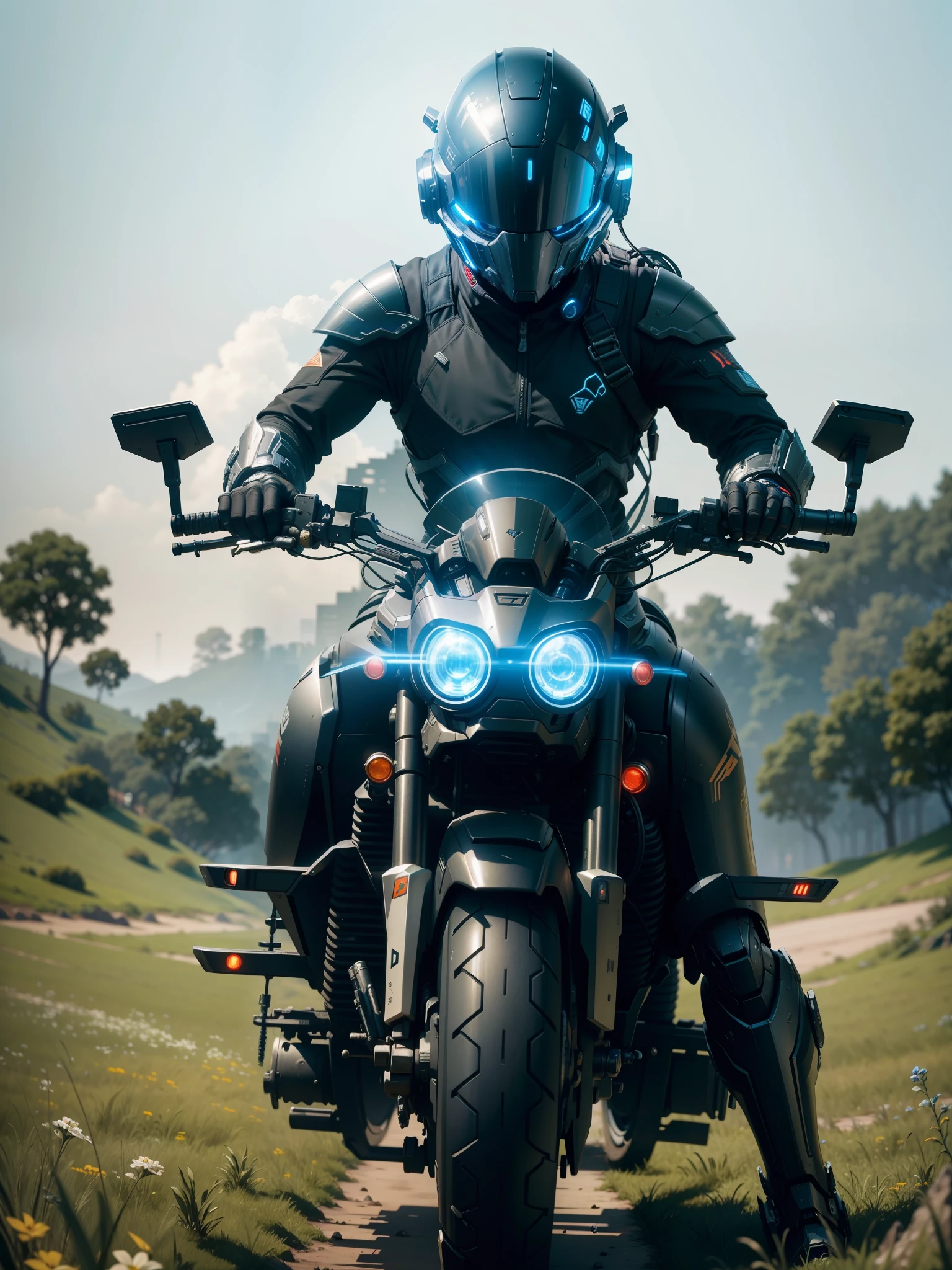 (Masterpiece: 1.2), Best Quality, High Score, Uniform 8k Wallpaper, (Illustration: 1.0), Beautiful Detailed, Very Detailed, Perfect Lighting, Very Detailed CG, Glowing Eyes, Backlight, Armor, Bust Mech, 1boy, Man, Strong, Tattoo on Leg, Warframe, Humanoid Robot, Helmet, Sample Background, Weapon, blue_armor, Looking at the Audience, Solo, Perspective, Red helmet, black bike, black clothes, blue light, shorts, strong muscles, cyberpunk,