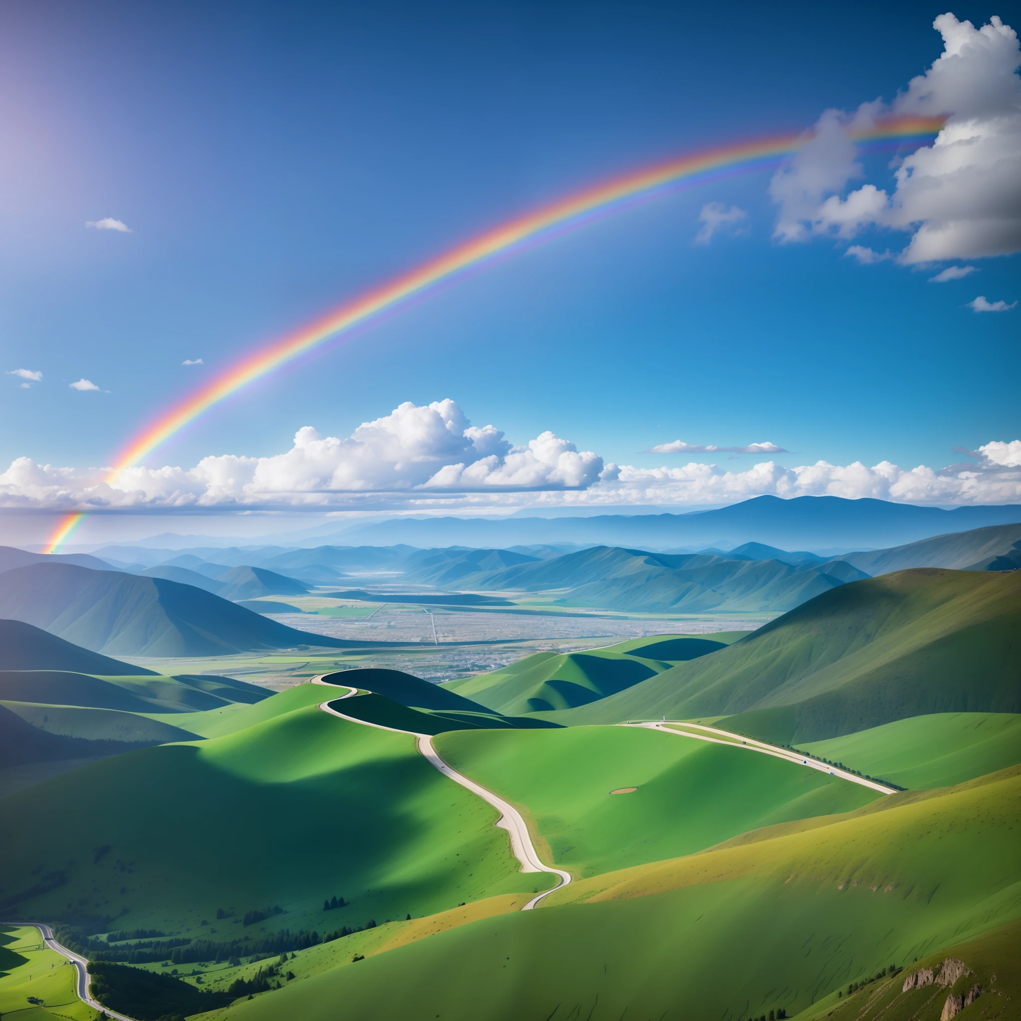 arafed view of a rainbow over a valley with a road, rainbow, still of rainbow ophanim, rainbow in the sky, just one rainbow 8 k, shutterstock, majestic landscape, by Niko Henrichon, mountain, by Jakob Gauermann, extraordinary colorful landscape, “ aerial view of a mountain, by Aleksander Gierymski
