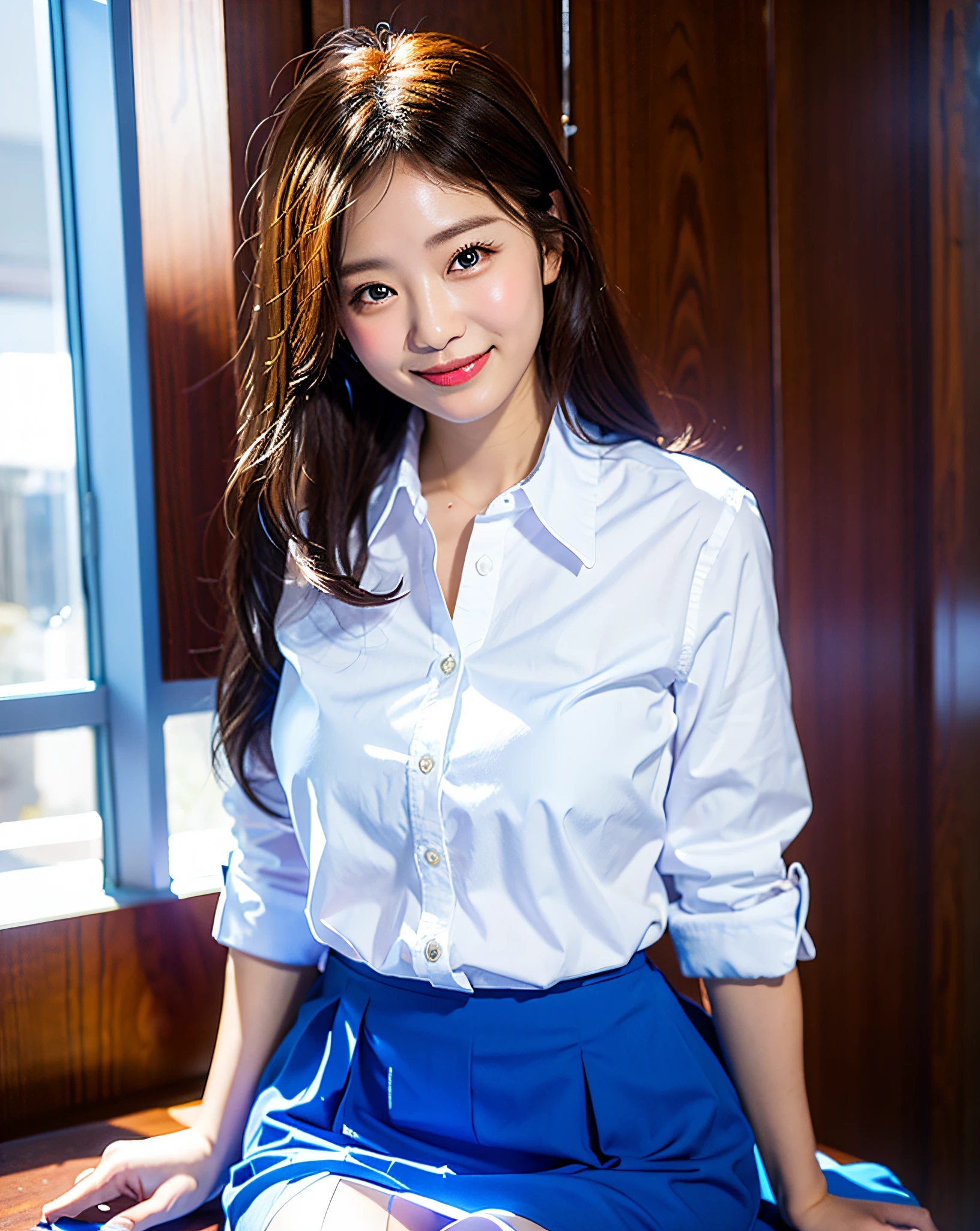Smiling, white shirt, blue skirt