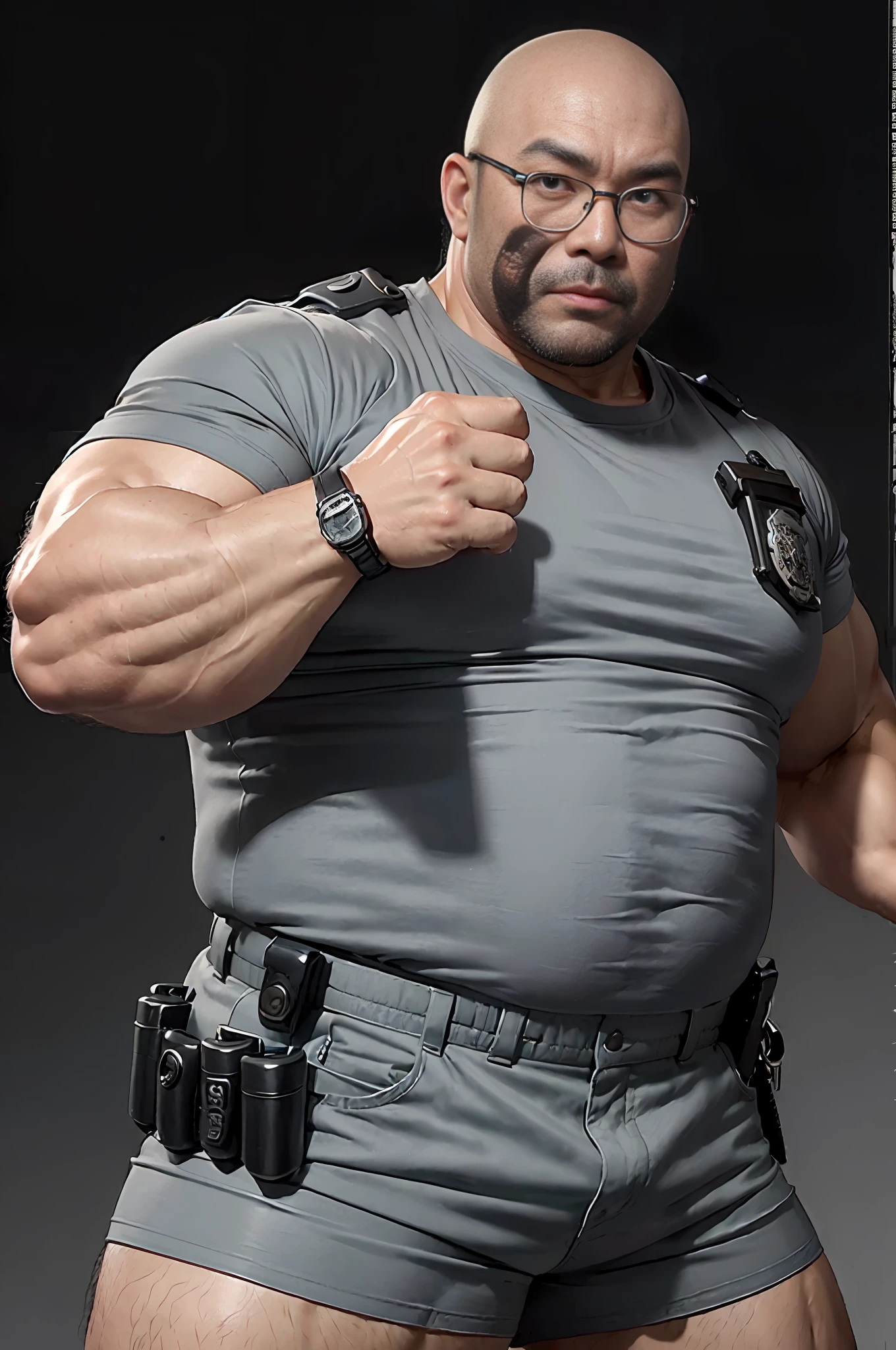 (Shorts male cop, strong fat asian man, police cap uniform), (dark gray background, (1 male bald head with glasses), strong muscles, various poses, big ass, 1.4 eye details, 40k)"