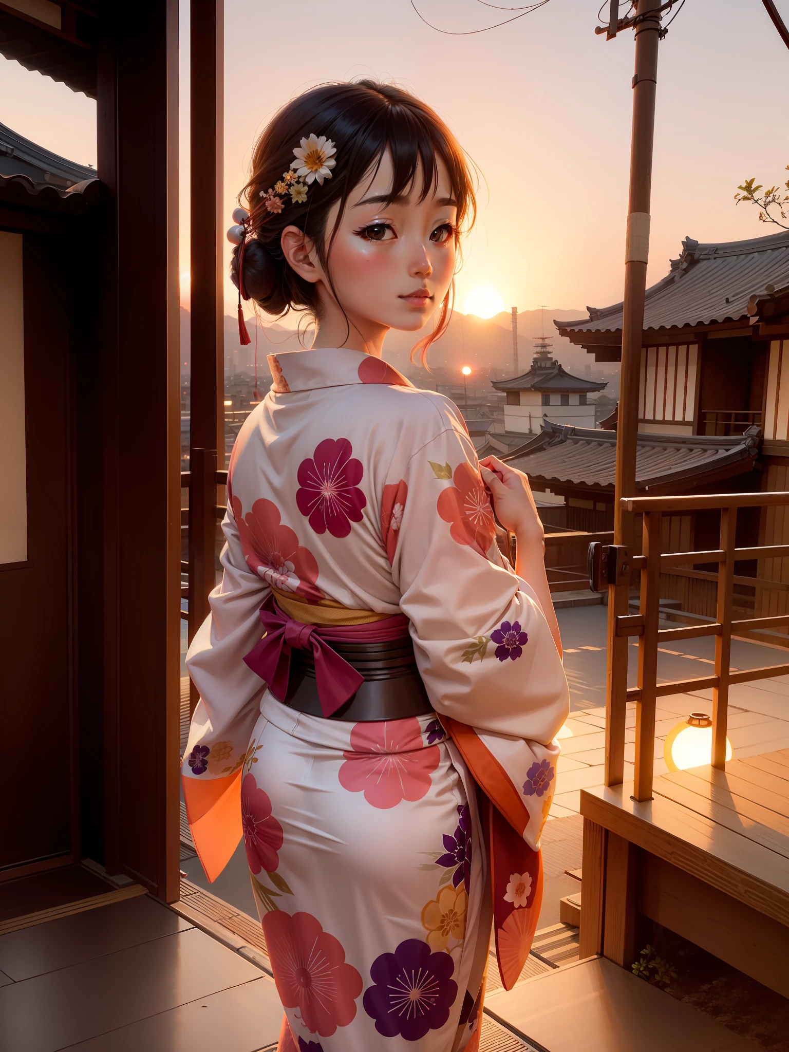 Yukata, sunset, Kyoto cityscape