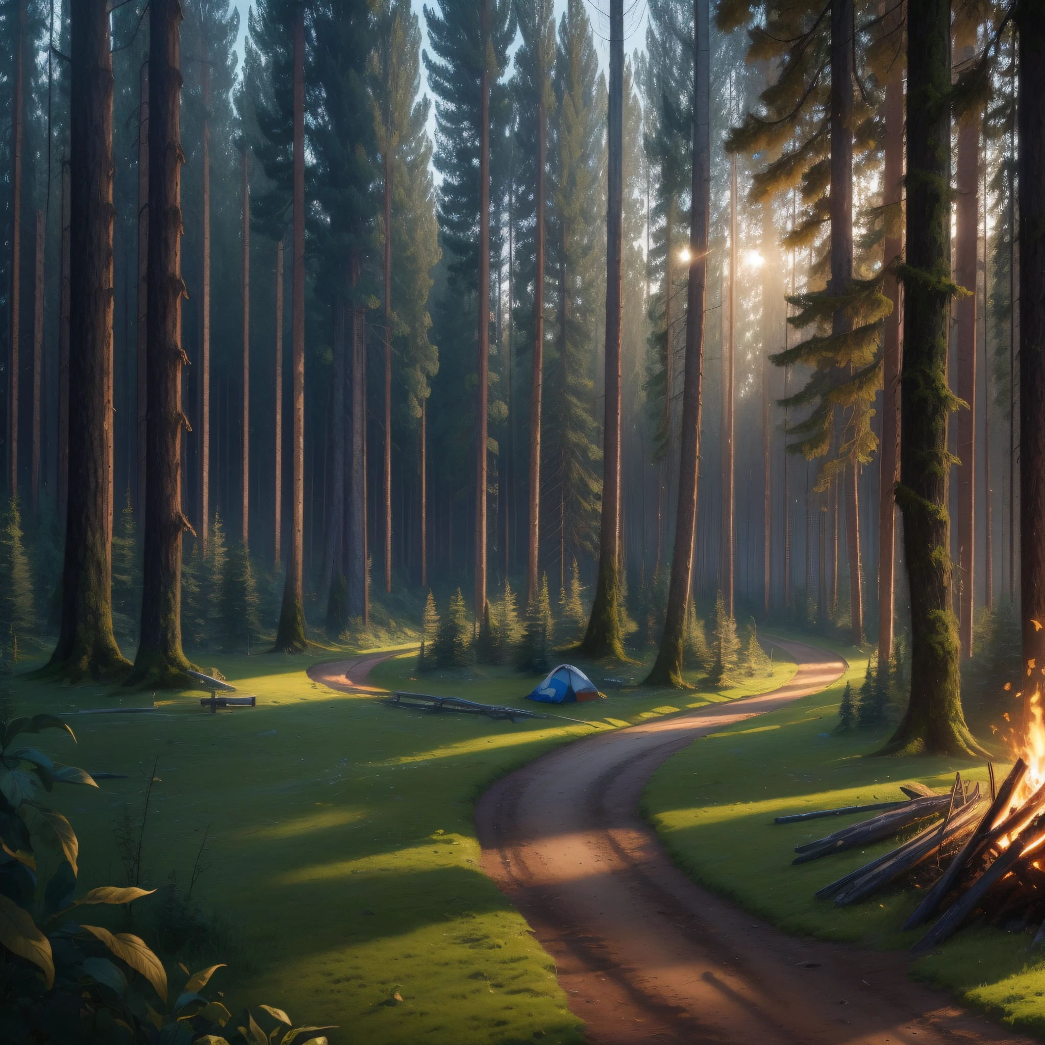 (extremely detailed CG unit 8k wallpaper, masterpiece, best quality, ultra-detailed) floating, volumetric light, (dark forest, tall and thick trees with moss and grass on the ground), night territory, seeing in the distance the sunset, and also in the distance a winding river surrounds the end of the forest in the distance, the dirt on the ground has a camp with a bonfire --auto --s2