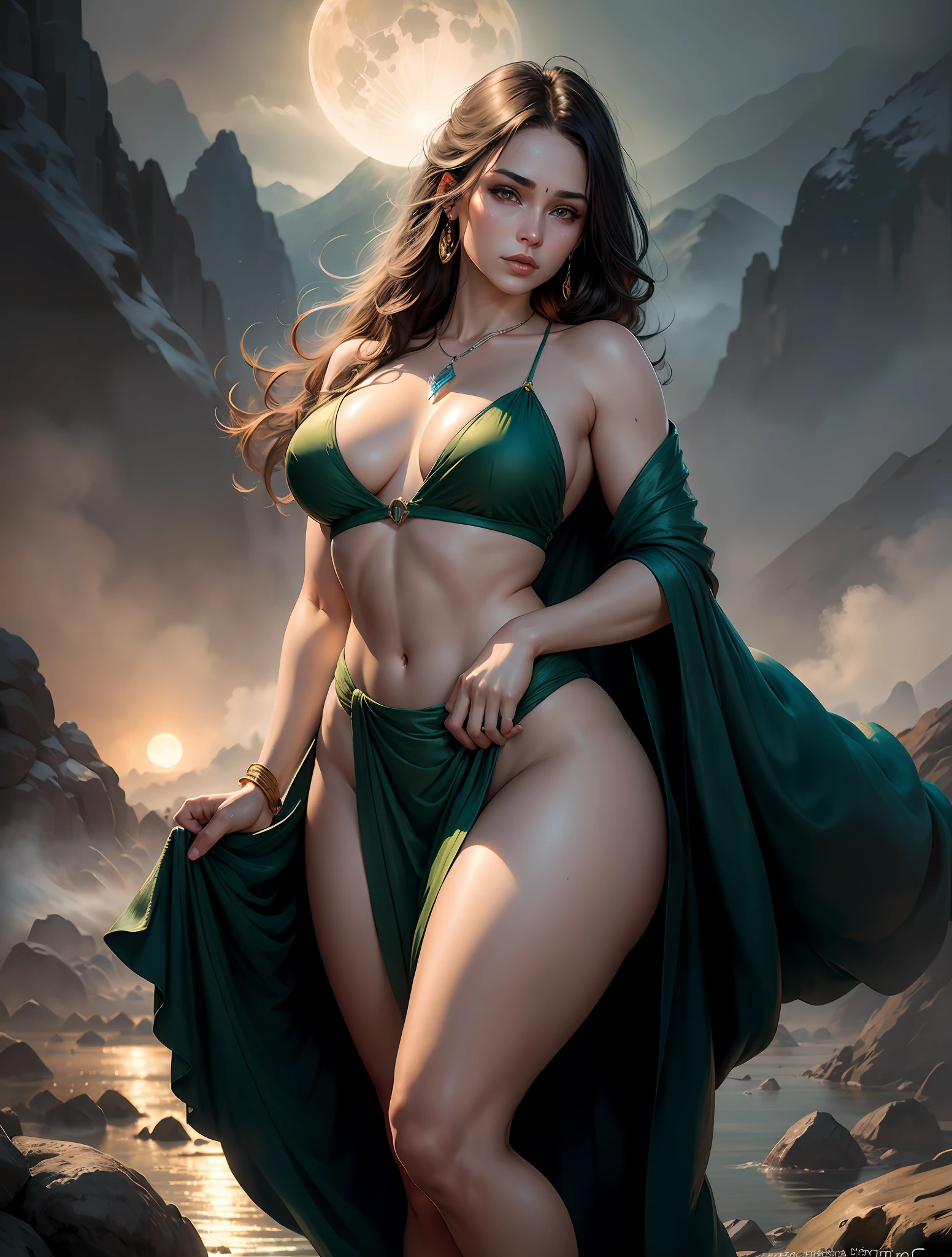 (masterpiece, top quality, best quality, official art, beautiful and aesthetic: 1.2), best quality, (((realistic: 1.5))), high resolution, (((1girl))), ((a beautiful girl wearing a beautiful transparent golden sari with open neckline)), detailed features of clothing, dark night: 1.3), makeup, PureErosFace_V1:0.5), highly detailed clothing, long black hair, necklace, jewelry on the body, beautiful face, (beautiful and sensual lips)) (((focus on face))), (((green eyes and detailed pupils)))), Bright eyes, Intricate details, (multilayers: 1.3), (fantasy: 1.2), sexy and curvy body, full body, ((perfect hands)), over body, tyndall effect, realistic photo, ultra-realistic, dark studio, rim lighting, two-tone lighting, (high detailed skin: 1.2), (in the background forests, mountains, river, a huge moon, fog, shadows, night), 8k uhd, dslr , by Frank Frazetta, by Olivia De Berardinis, by Luis Royo,by boris vallejo, (specular lighting:1.3), soft lighting, high quality, volumetric lighting, super wide -angle lens, facial focus, Photography, high resolution, 4k, 8k, HD, medium breasts, open fingers, (hair color: blake: 1.2), HDR, Lee Jeffries Nikon D850 Film Stock Photography 4 Kodak Portra 400 Camera F1.6 Lens Rich Colors Hyper Realistic Realistic texture Dramatic lighting UnrealEngine trend in ArtStation Cinestill 800,