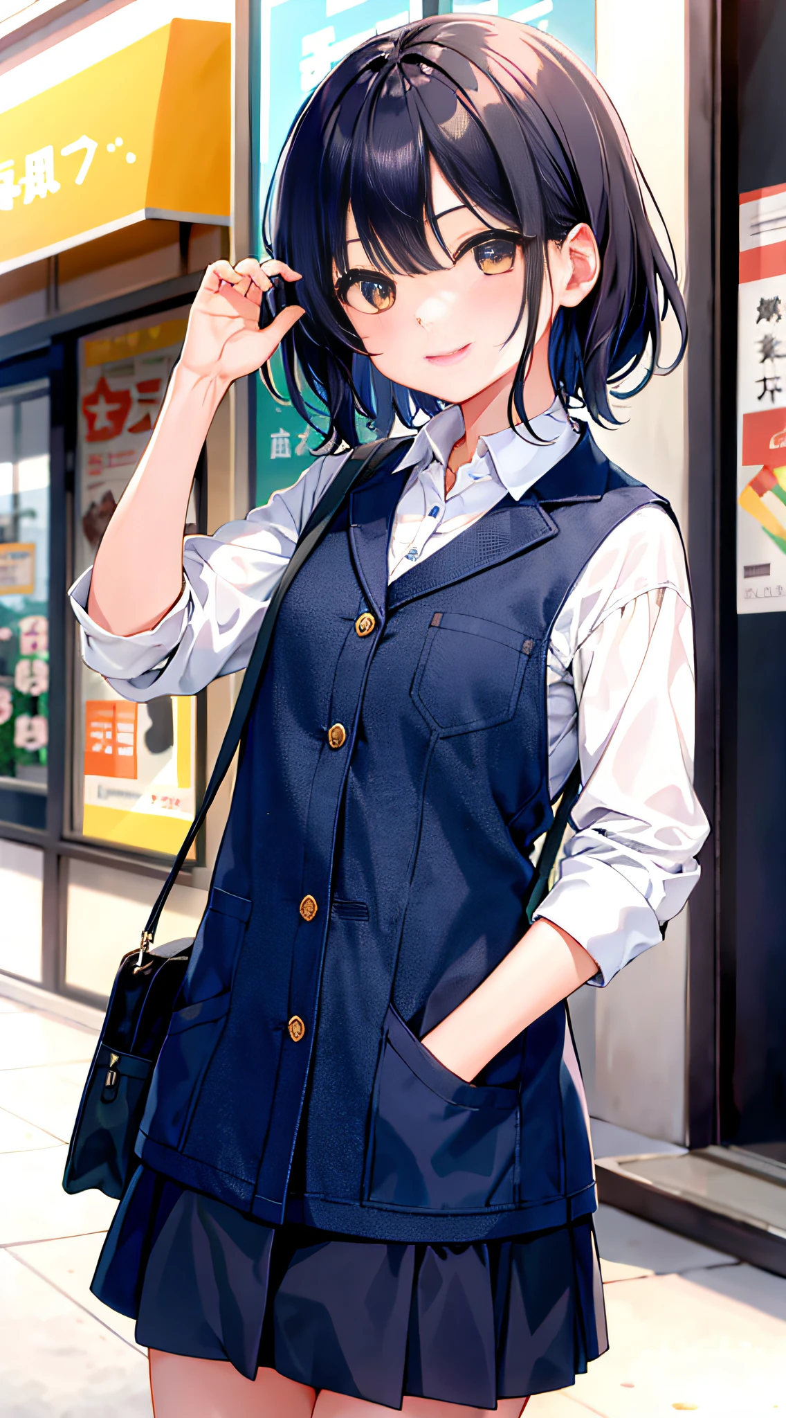 (morning), 1girl, 独奏, 看着观众, winter, cowboy shot, (downtown), cowboy shot, smile, black hair
