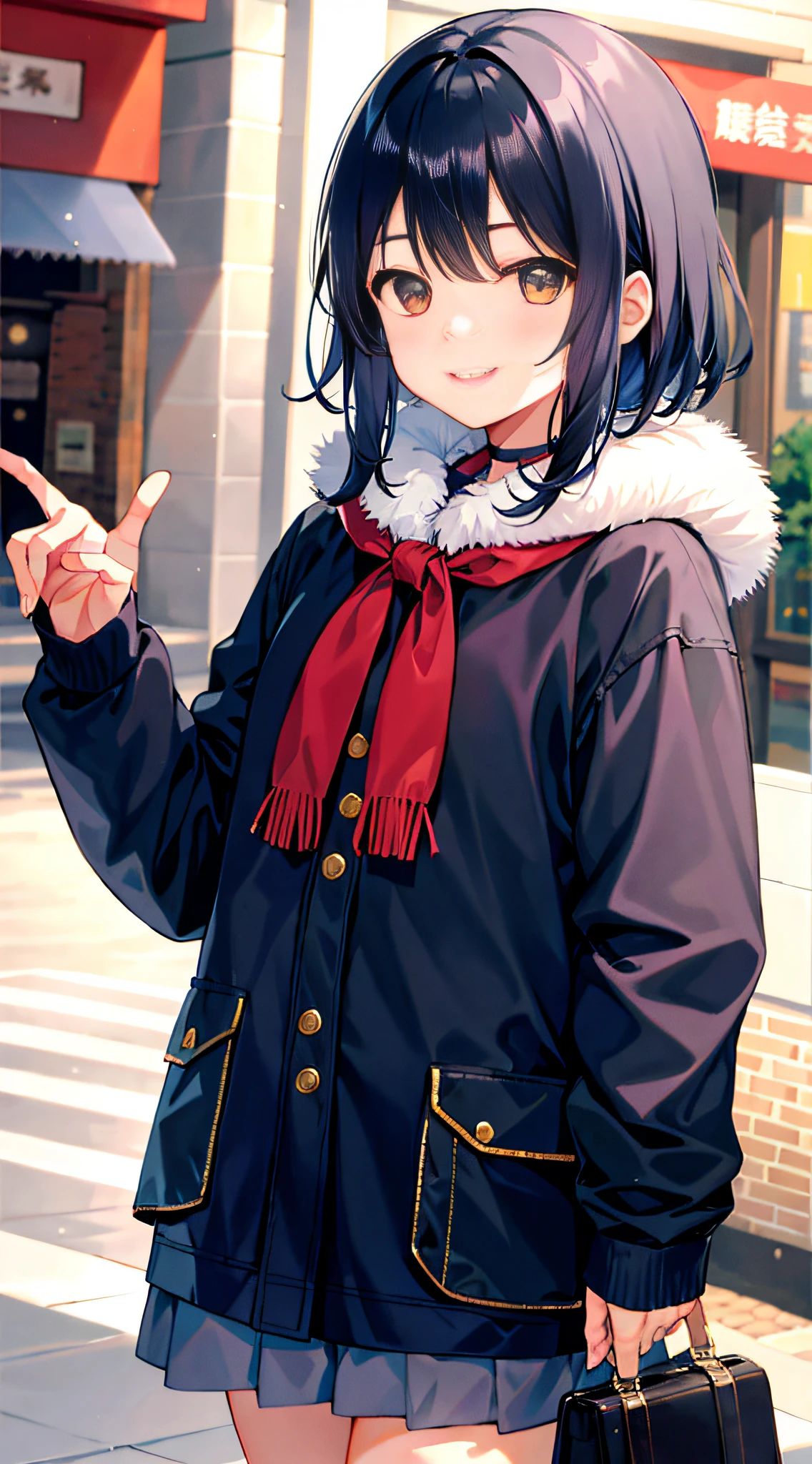(morning), 1girl, 独奏, 看着观众, winter, cowboy shot, (downtown), cowboy shot, smile, black hair
