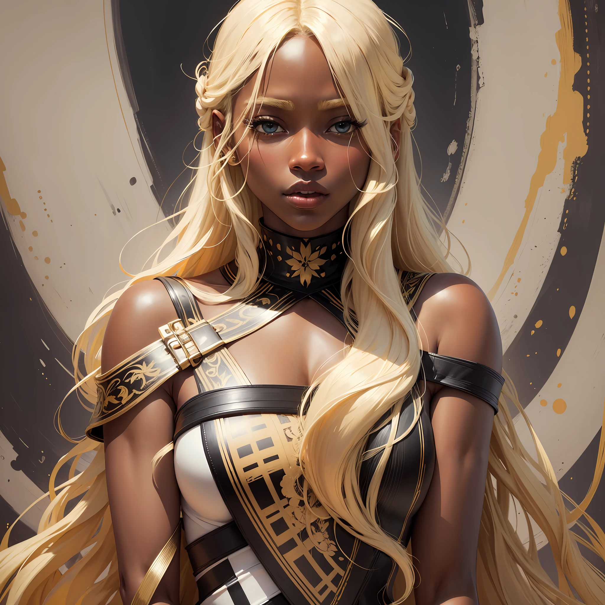 Best quality, best definition, best art, artwork, gorgeous, painting, blonde hair, long blonde hair, perfect hair, long hair, perfect skin, black skin, brown skin, black skin, dress, long white dress. --auto --s2