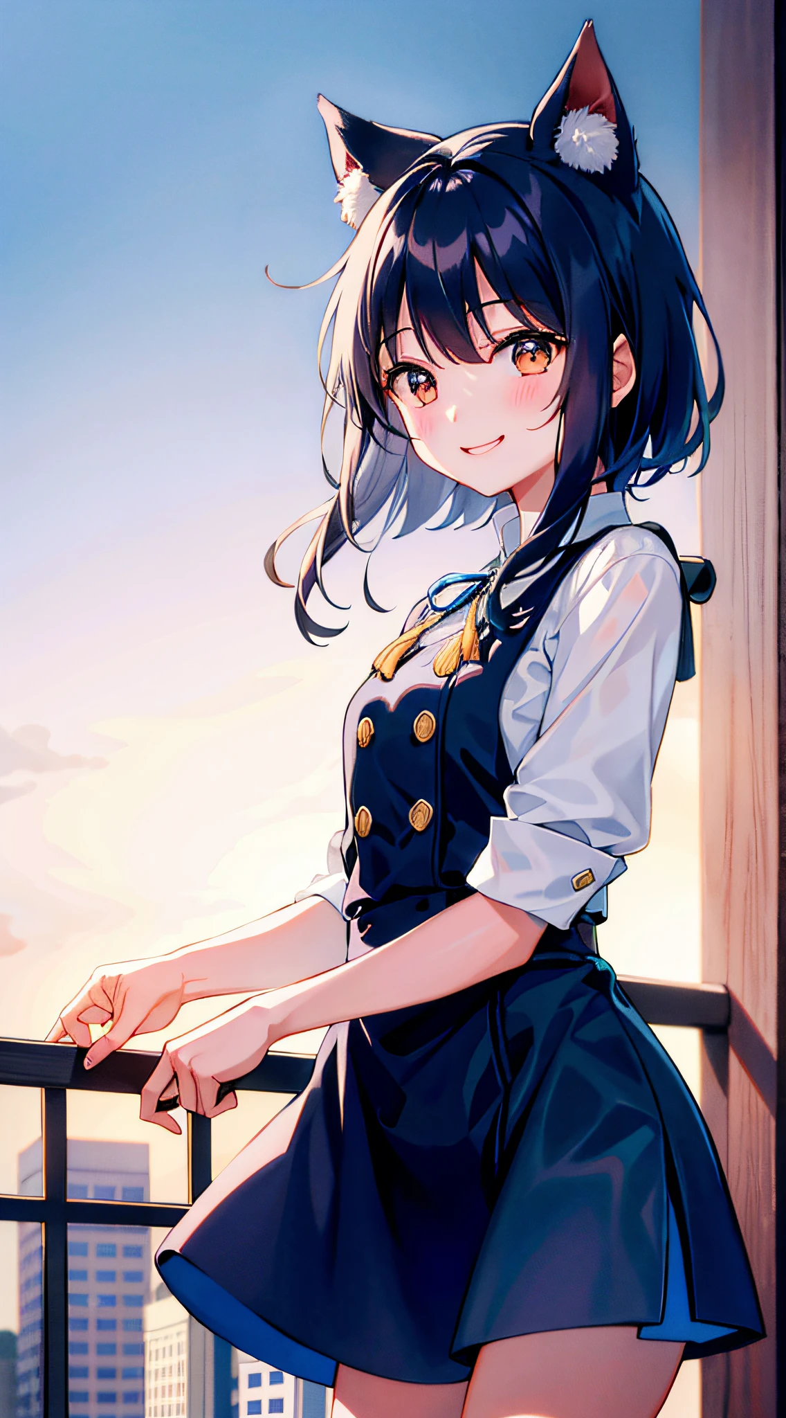 (morning), 1girl, 独奏, 看着观众, winter, cowboy shot, (downtown), cowboy shot, smile, black hair
