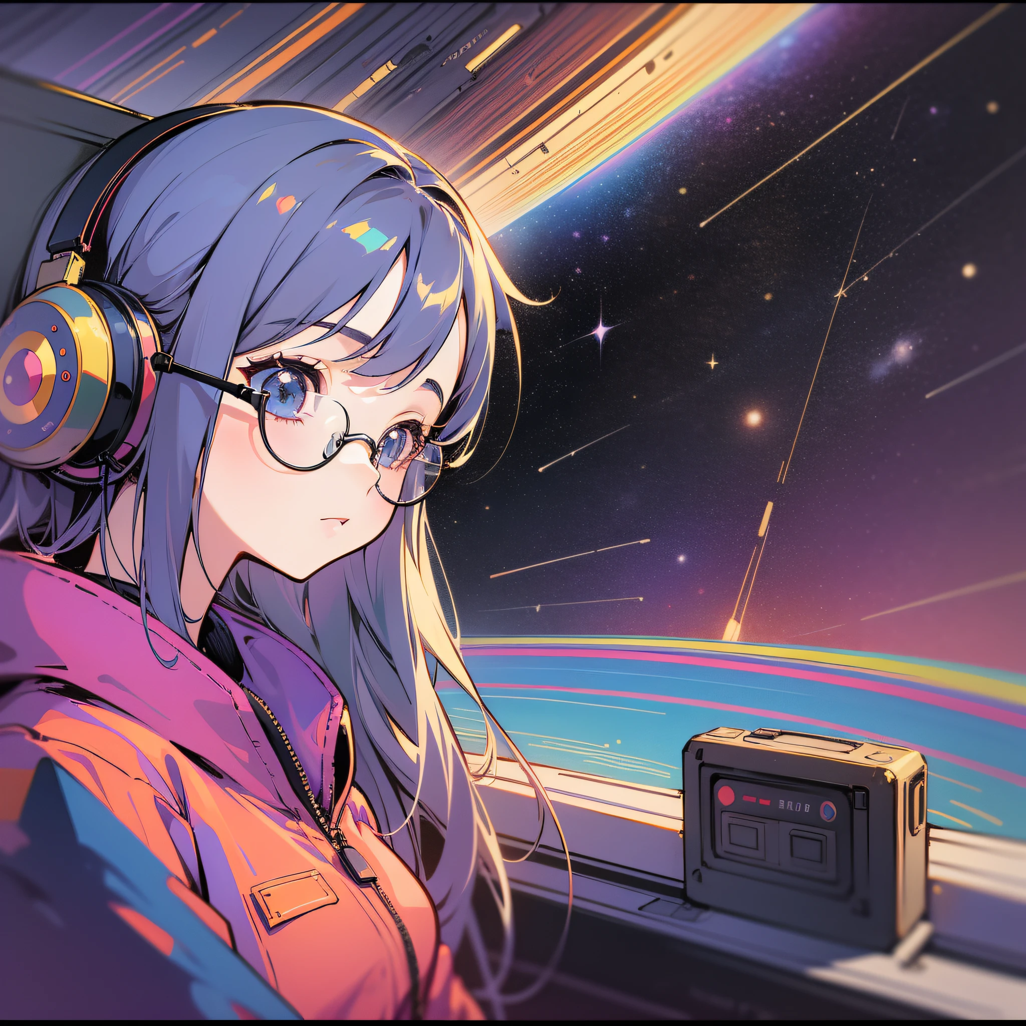 retro music album cover design, lofi filter, girl with black and round glasses wearing headphones, she is sitting on top of a spaceship looking at the stars, 90s anime art style, vintage look, galaxy background ar 1:1  --niji 5 --s 400