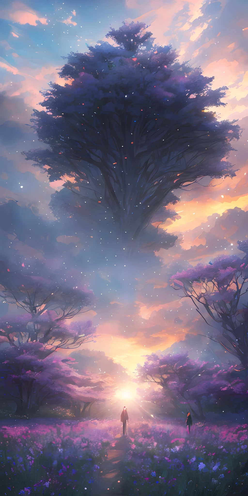 Digital illustration of a starry sky changing from sunset to night, creating the effect of sunlight passing through the canopy. The universe can be seen through the sky. Flowers are blooming on the ground, and small lights are dancing. In the style of Yoshitaka Amano and Hayao Miyazaki, masterpiece, proportional, detailed, trending in art station, beautiful lighting, realistic, complex, award-winning, 4k, top quality
Award-winning 4K digital painting in the style of Yoshitaka Amano. A detailed and intricate depiction of the zombie apocalypse, which brilliantly captures the chaos and drama of the scene. Beautiful lighting and cinematic compositions make this work a true masterpiece and trending at art stations.