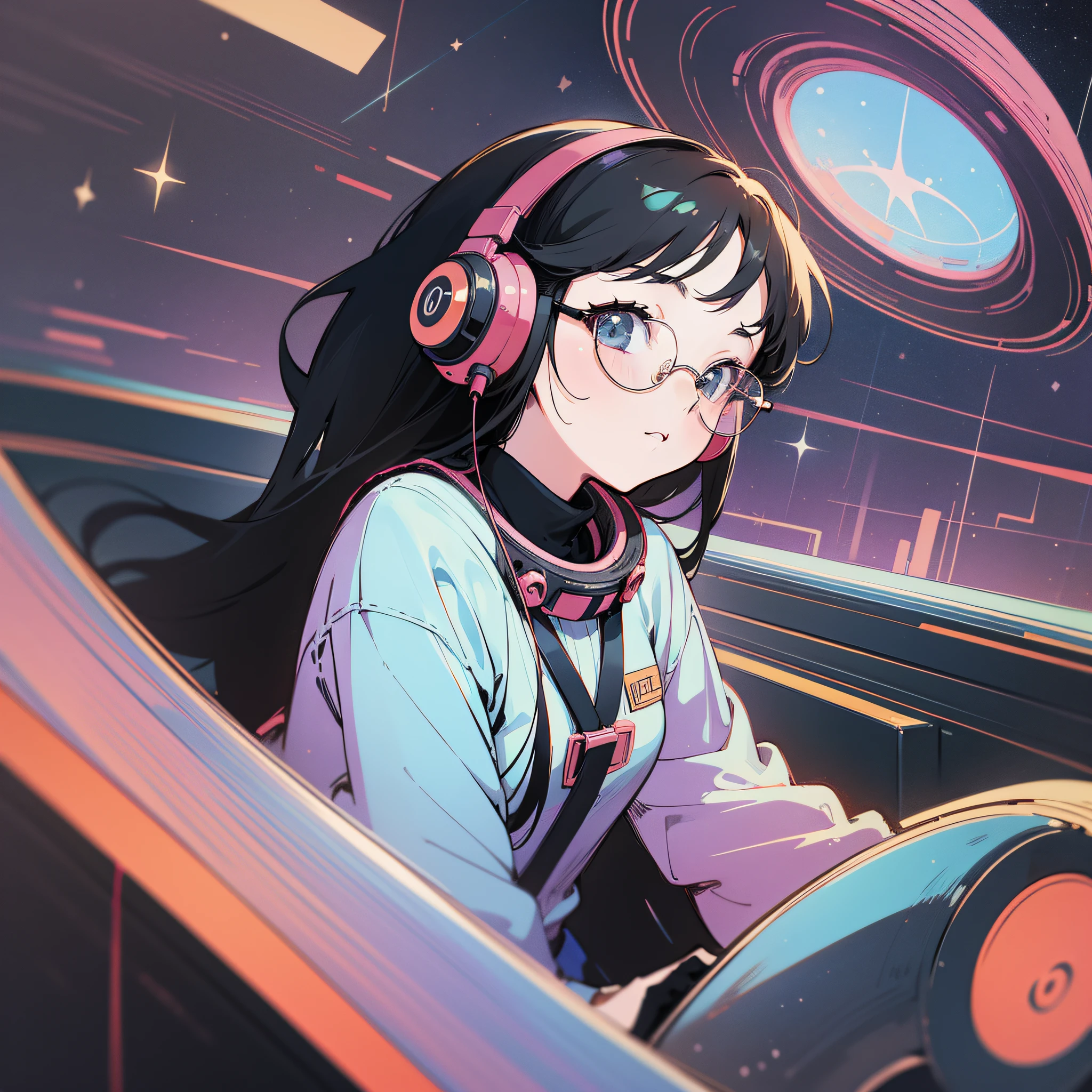 retro music album cover design, lofi filter, girl with black and round glasses wearing headphones, she is sitting on top of a spaceship looking at the stars, 90s anime art style, vintage look, galaxy background ar 1:1  --niji 5 --s 400