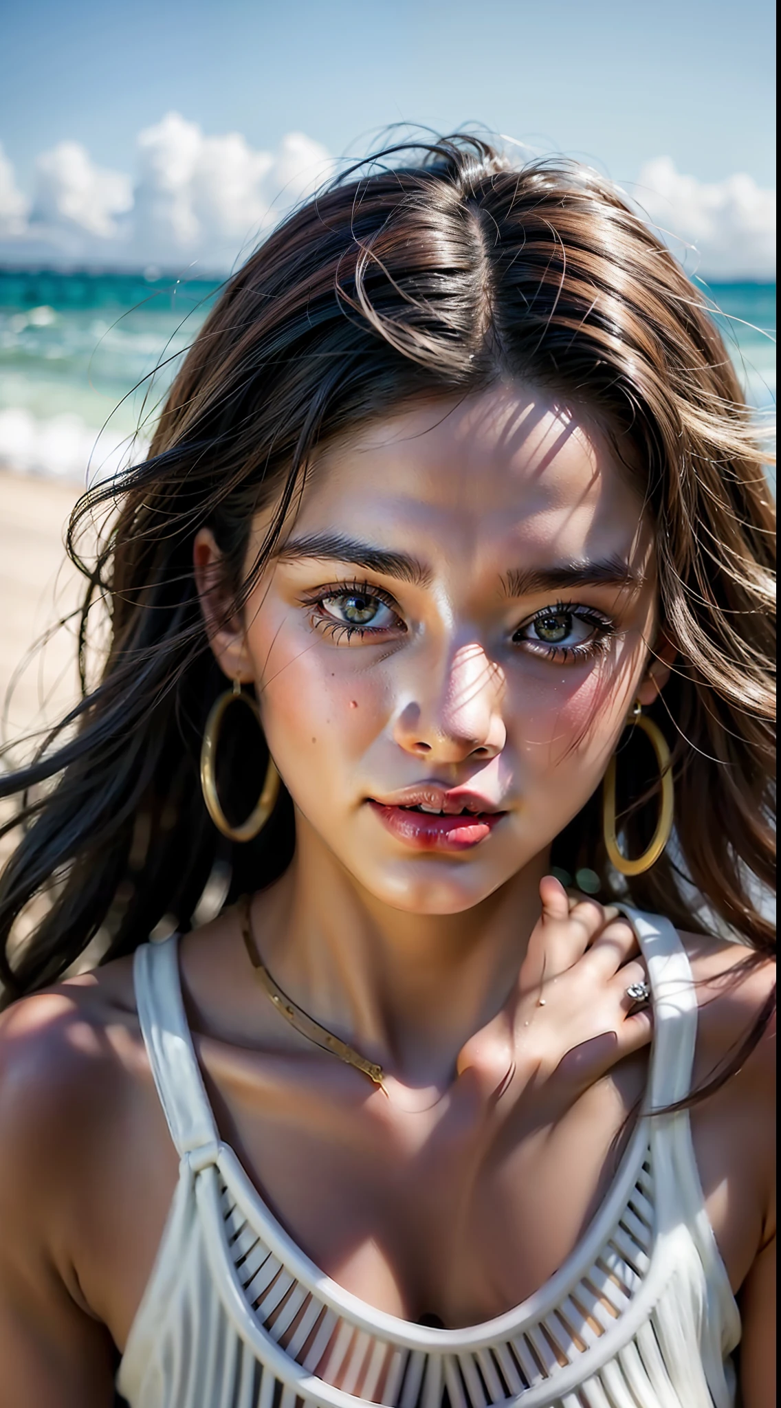 [long shot portrait] [18-23 Years Old black female fashion model]  [Laughter expression on face] [Environment: beach][type of illumination: natural lighting], extremely realistic, 8k, insane details, intricate details, beautifully color graded,Color Grading, Editorial Photography, Photography, Bokeh, taken with a 60mm lens, ISO 300, f/4, 1/200th