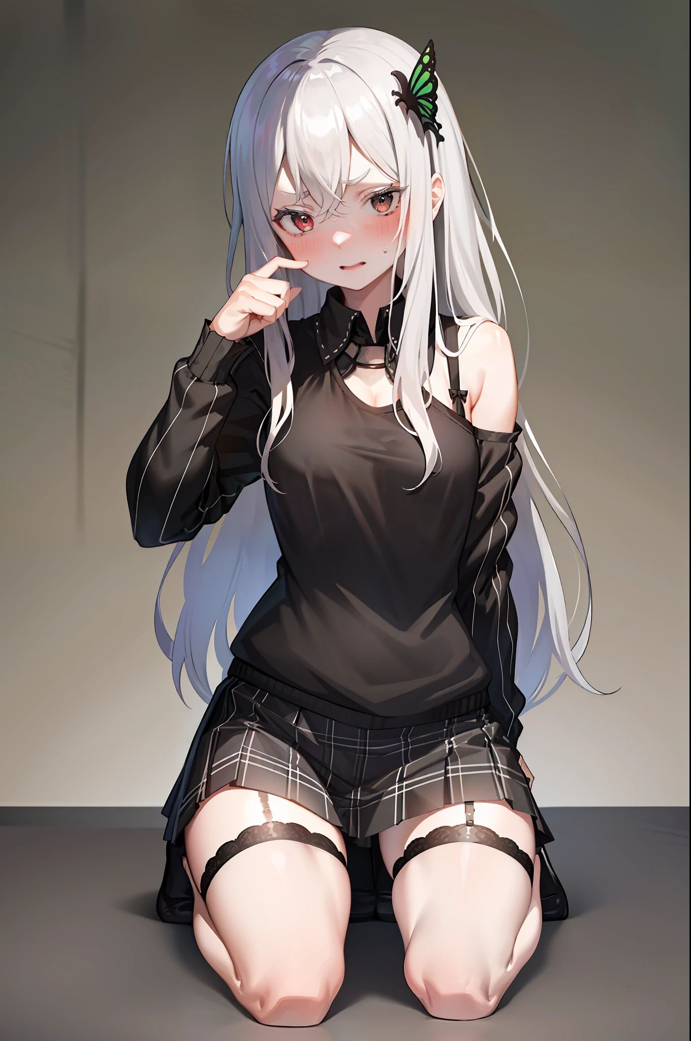 masterpiece, high quality, best quality, one girl, middle breast, black tied shirt, plaid mini skirt, black lace, sweatshirt, stockings, makeup, blush, goth, moan, long hair, gray hair, butterfly hair ornament, squat ,open legs