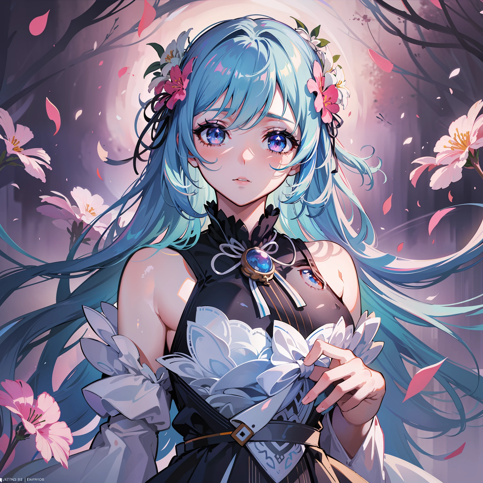 (masterpiece), (best quality), (ultra detailed),(disheveled hair),(illustration), (1girl), (Fashionable clothing), standing, Fashion model, looking at viewer, (interview), (simple background),beautiful detailed eyes, delicate beautiful face, Floating,(high saturation),(colorful splashes),colorful bubble,(shining), focus on face,  kamisato ayaka, light blue hair, bangs, hair ring, floating flowers, floating hairs.Girl, anime waifu, looking at viewer, highlydetailed, reflections transparent iridescent colors, long transparent iridescent RGB hair, artby Serafleur from artstation, thick acrylic，illustration on pixiv, waist up portrait, gorgeoussacred girl, best quality, ultra detailed,sad,clever,beautiful face , beautiful lighton black background, Character stvle renderedby Octane,