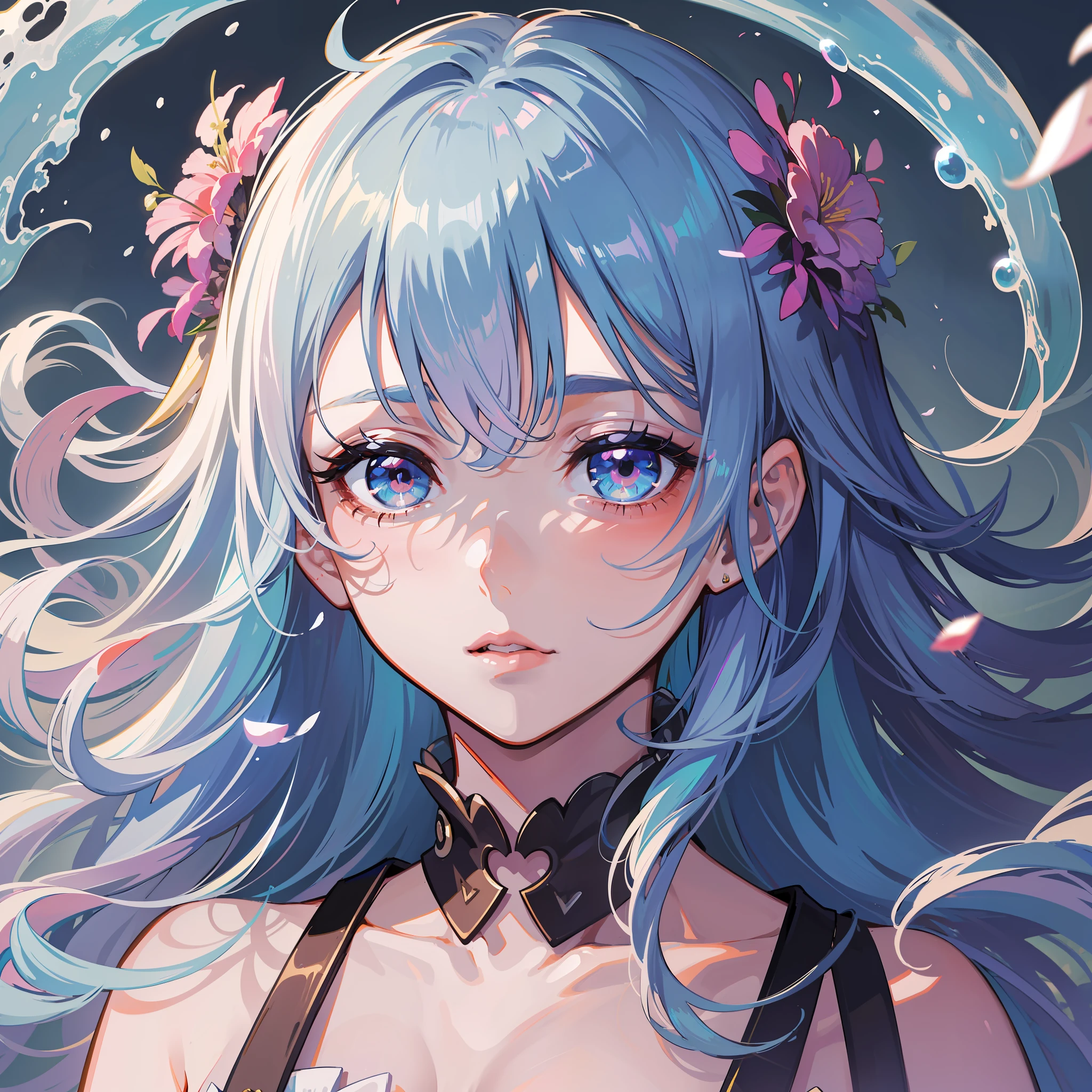 (masterpiece), (best quality), (ultra detailed),(disheveled hair),(illustration), (1girl), (Fashionable clothing), standing, Fashion model, looking at viewer, (interview), (simple background),beautiful detailed eyes, delicate beautiful face, Floating,(high saturation),(colorful splashes),colorful bubble,(shining), focus on face,  kamisato ayaka, light blue hair, bangs, hair ring, floating flowers, floating hairs.Girl, anime waifu, looking at viewer, highlydetailed, reflections transparent iridescent colors, long transparent iridescent RGB hair, artby Serafleur from artstation, thick acrylic，illustration on pixiv, waist up portrait, gorgeoussacred girl, best quality, ultra detailed,sad,clever,beautiful face , beautiful lighton black background, Character stvle renderedby Octane,