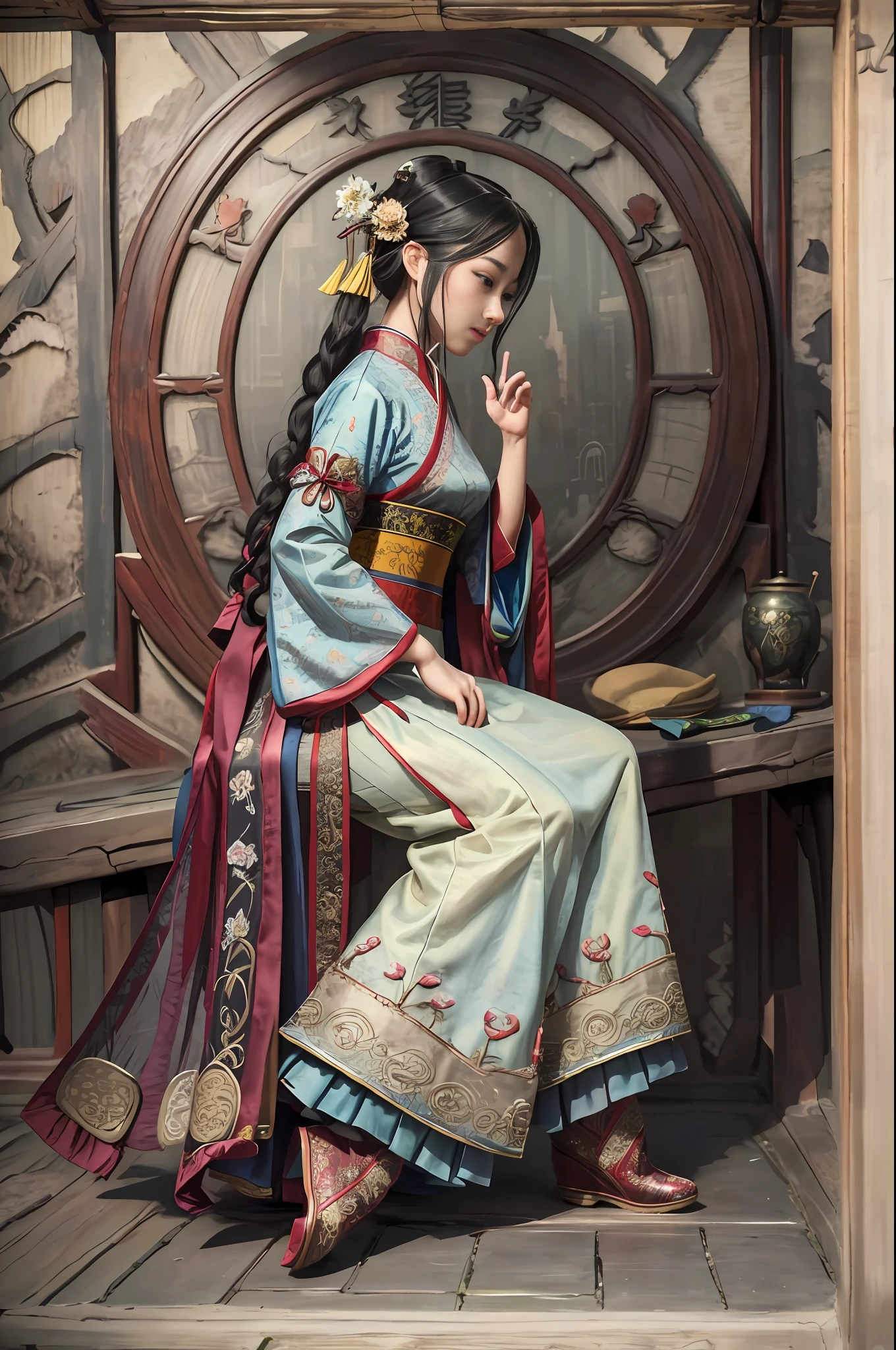 (8K, Top Quality, Masterpiece: 1), (Realistic, Photorealistic: 1), Cute, (Smile: 0.9), (Mouth Closed), Small Breasts, Solo, Beautiful Detailed Eyes, Perfect Face, Song Hanfu, 1 Girl, Longchamp, Pleated Champ Skirt, Absurdity, High Resolution, Ultra Detailed, (Princess, Solo: 1.1), Stylish Pose, Textile Manipulation, Textile Design, Embroidery, Innovative Technology, Tactile Works,(Full Body),(Chinese Shoes),(from Side:1.5),(See Below),(Hanfu),