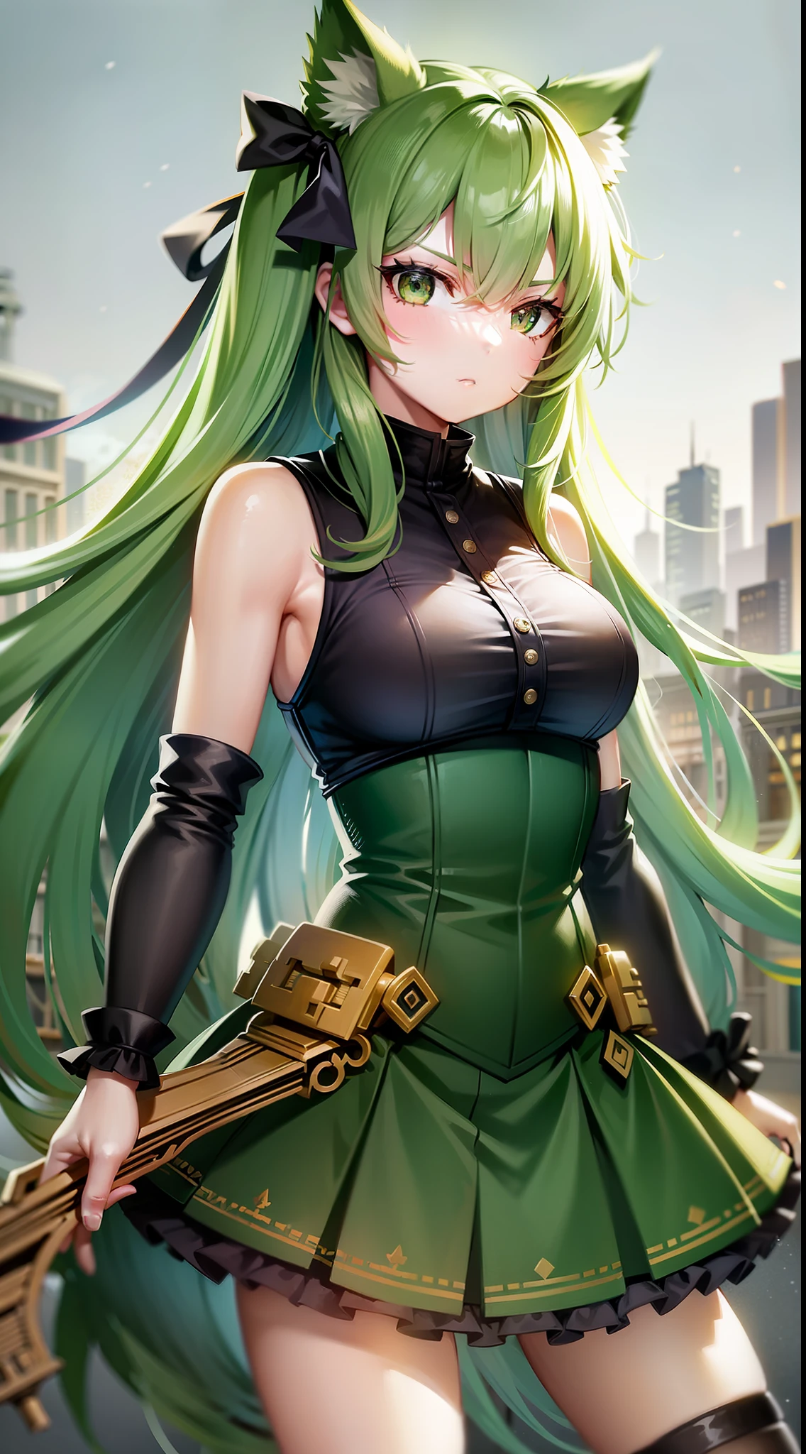 Young girl, long green hair, green eyes, cat ears, sleeveless combat dress, bow, serious look, masterpiece, high quality