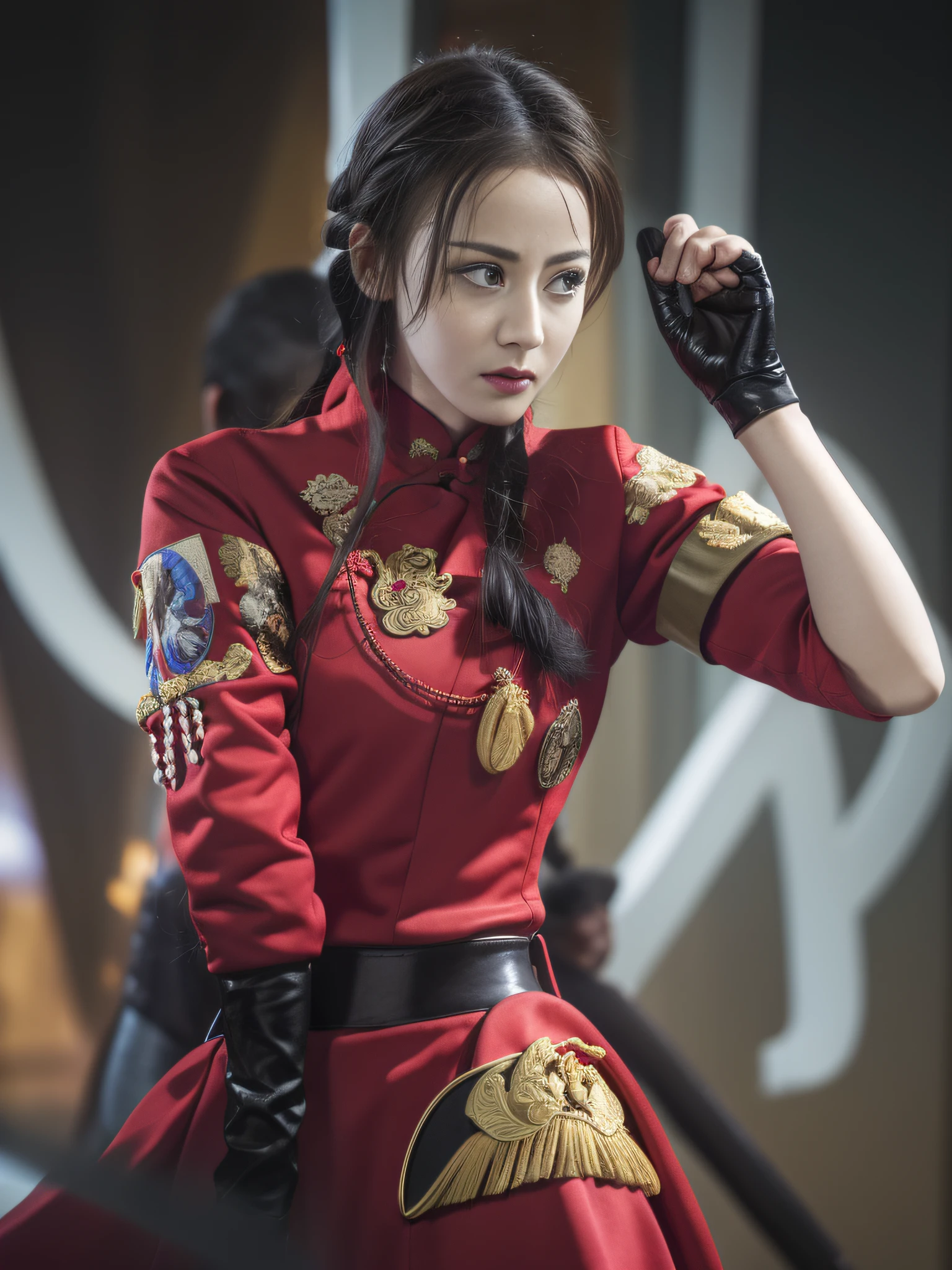 The best quality, masterpieces, realistic photos, intricate details, original photos, movie martial arts stills, martial arts costumes, traditional Chinese costumes, with gloves, holding a sword,