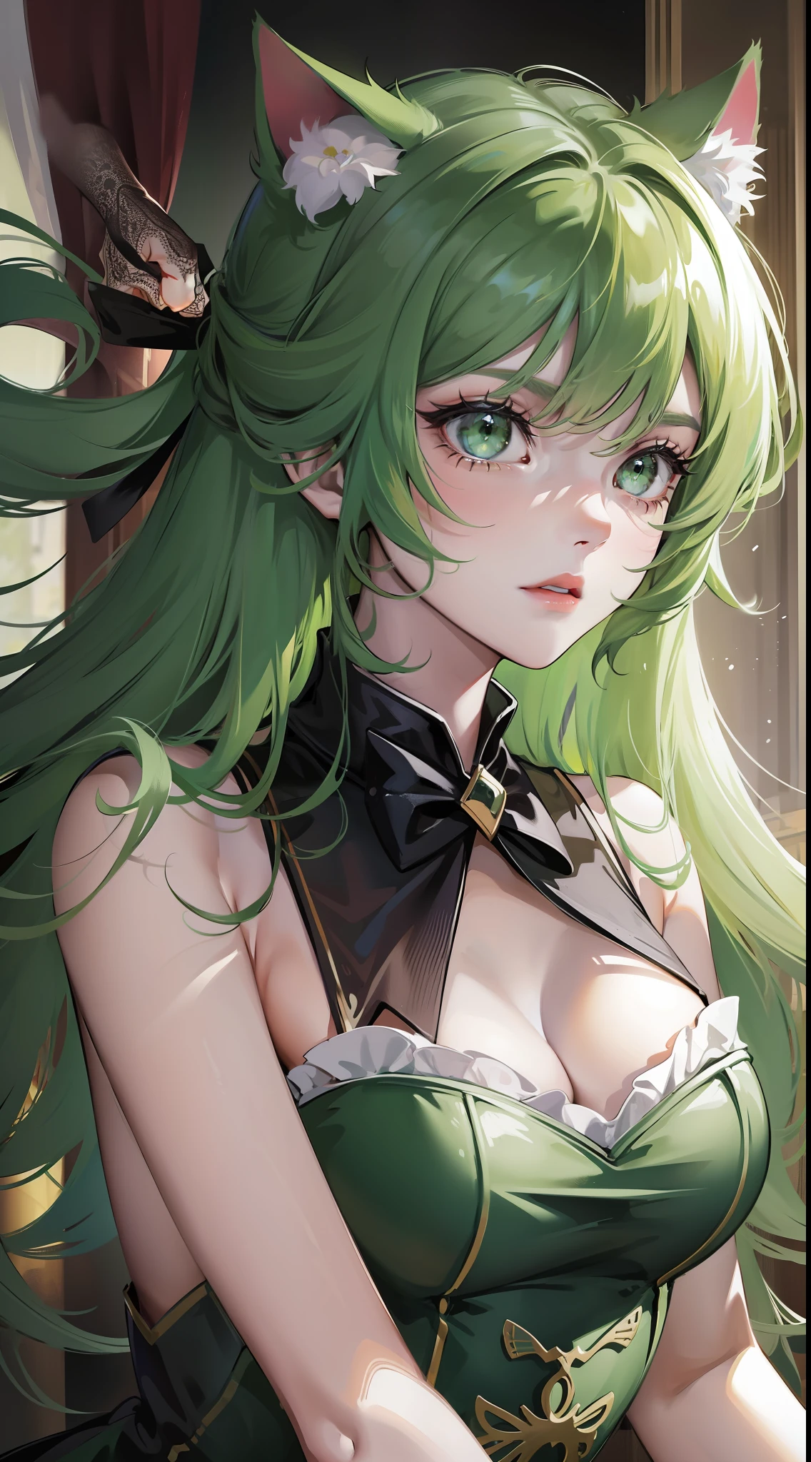 Young girl, long green hair, green eyes, cat ears, sleeveless combat dress, bow, serious look, masterpiece, high quality