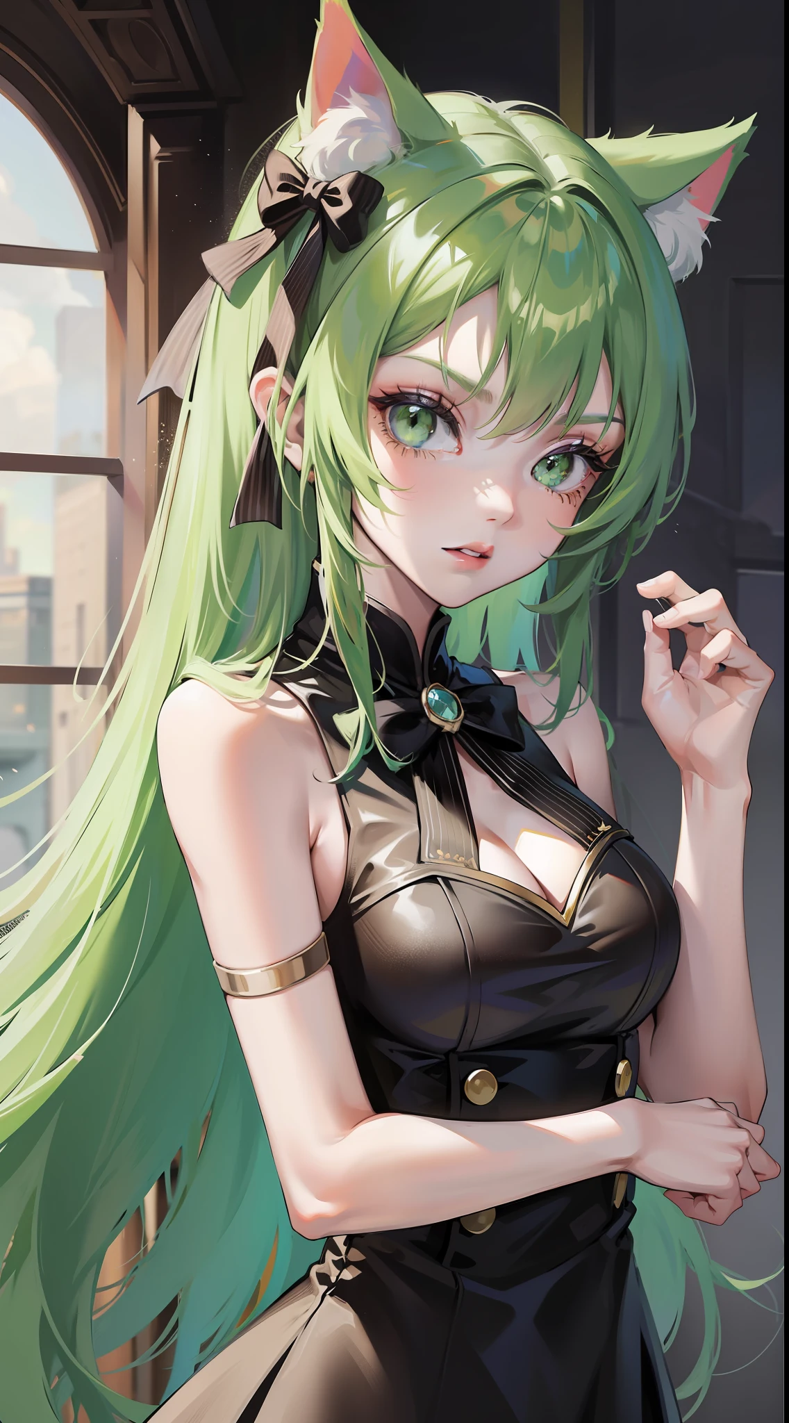 Young girl, long green hair, green eyes, cat ears, sleeveless combat dress, bow, serious look, masterpiece, high quality